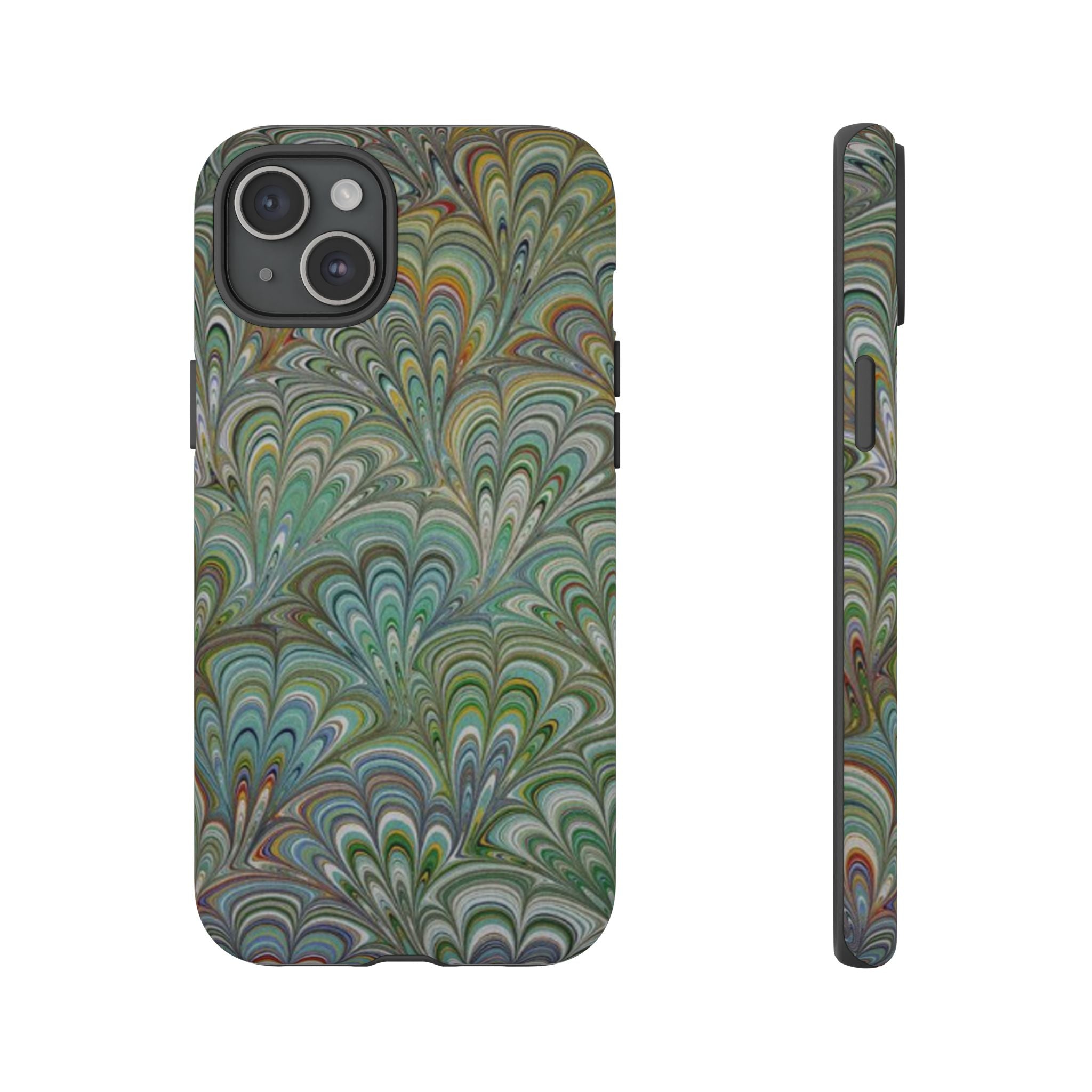 Green Marbled Peacock Durable Phone Case - Olive Green and Brown - Matte or Glossy