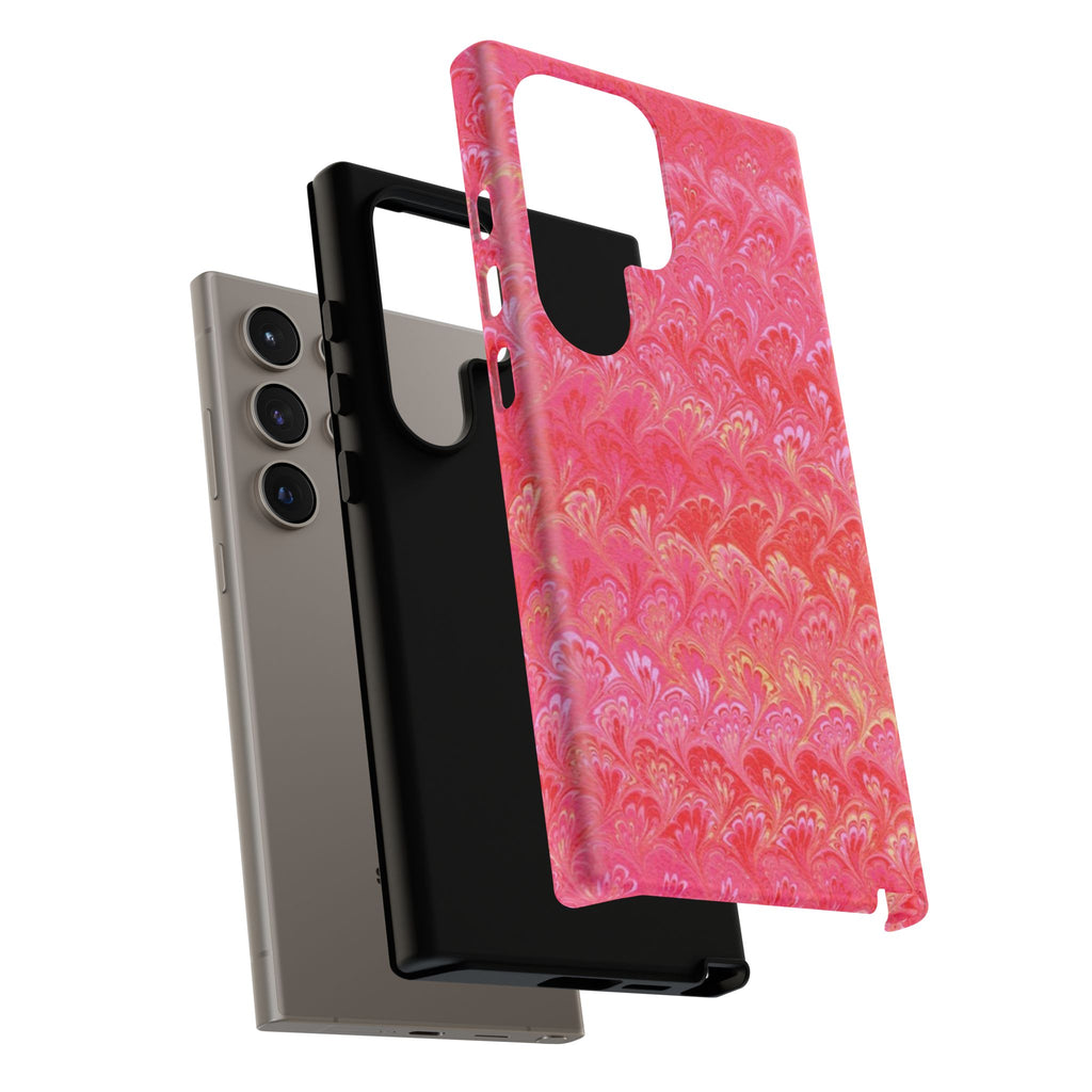 Pink and Gold Marbled Peacock Durable Phone Case - Olive Green and Brown - Matte or Glossy