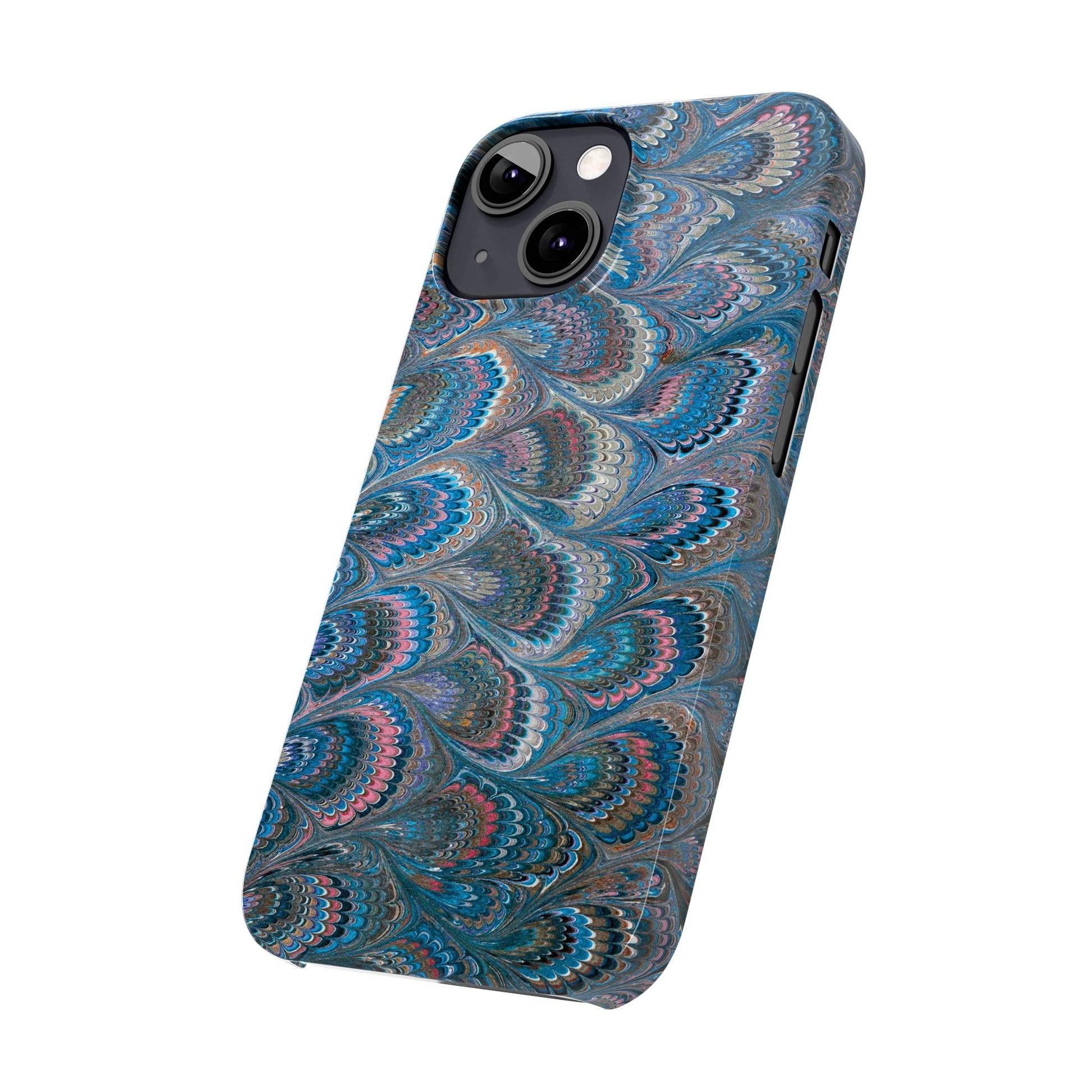 Blue and Pink FEATHER PEACKOCK Marbled VIntage Design, Italian Feather Phone Case, Slim Phone Cases, IPHONE 16 and all sizes
