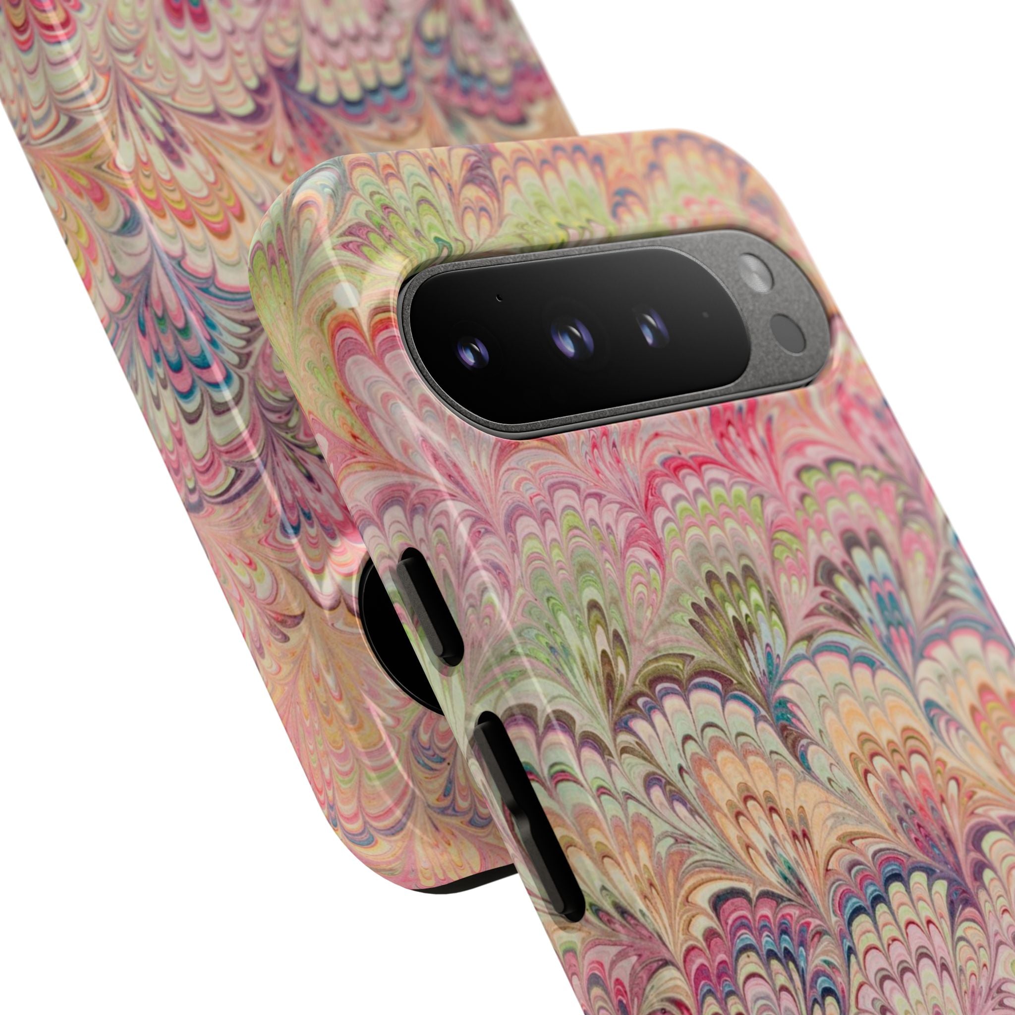Pastel Pink + Green Feather Marbled Phone Case - Dual Layer Phone Cover