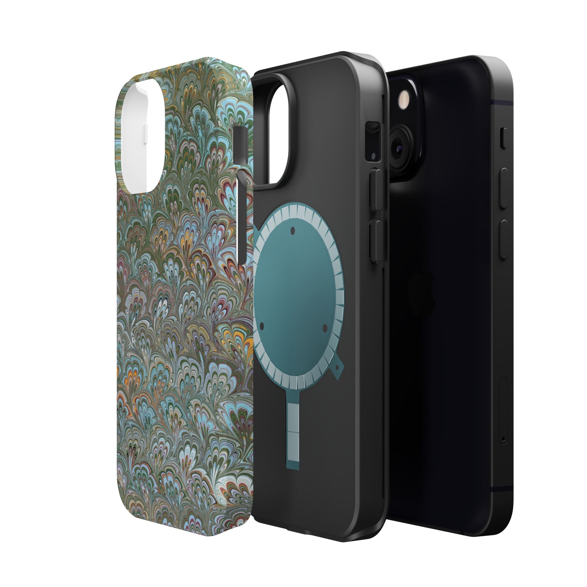 Green, Blue, + White Marbled Peacock - Dual Layer MAG SAFE Phone Case