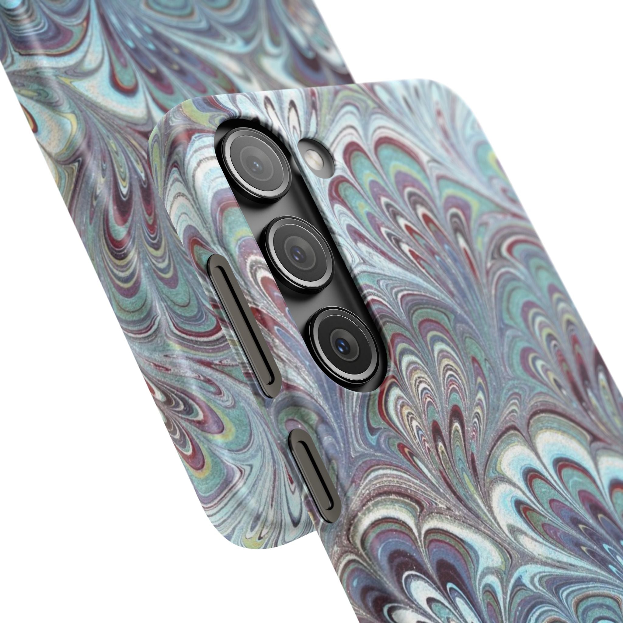 Marbled Feather Blue, White + Burgundy Swirl - Single Layer Slim Phone Case