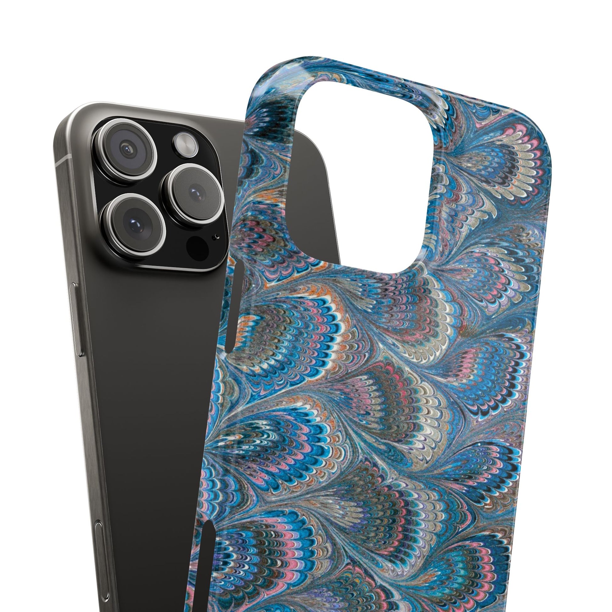 Blue and Pink FEATHER PEACKOCK Marbled VIntage Design, Italian Feather Phone Case, Slim Phone Cases, IPHONE 16 and all sizes