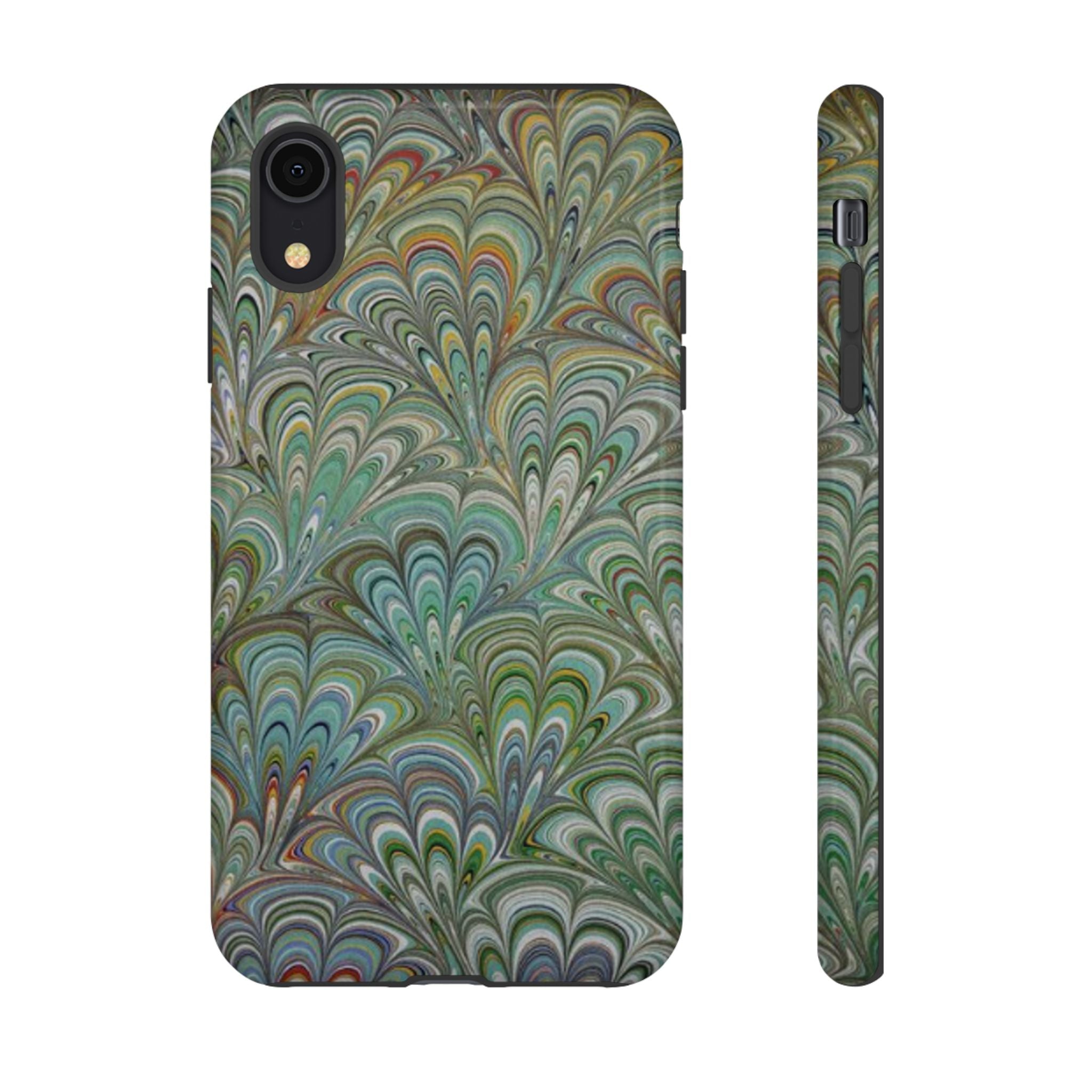 Green Marbled Peacock Durable Phone Case - Olive Green and Brown - Matte or Glossy