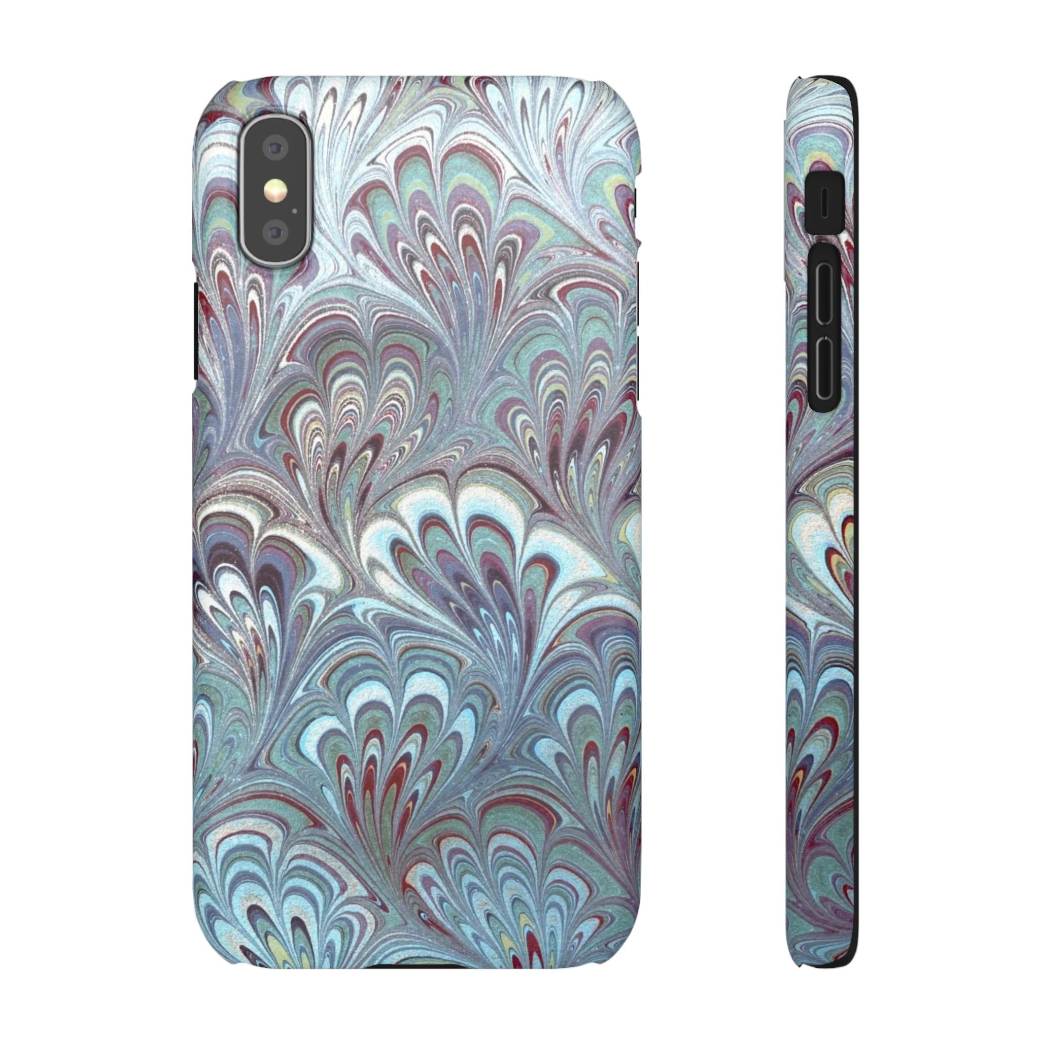 Marbled Feather Blue, White + Burgundy Swirl - Single Layer Slim Phone Case