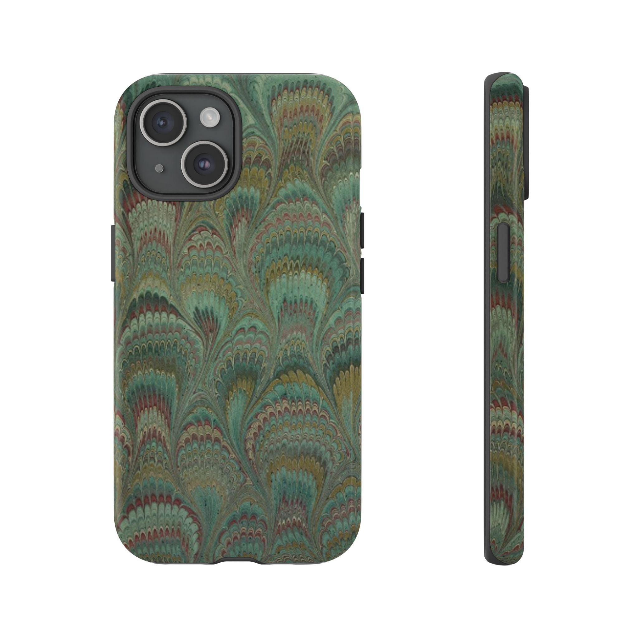 Marbled Peacock Durable Phone Case - Olive Green and Brown - Matte or Glossy
