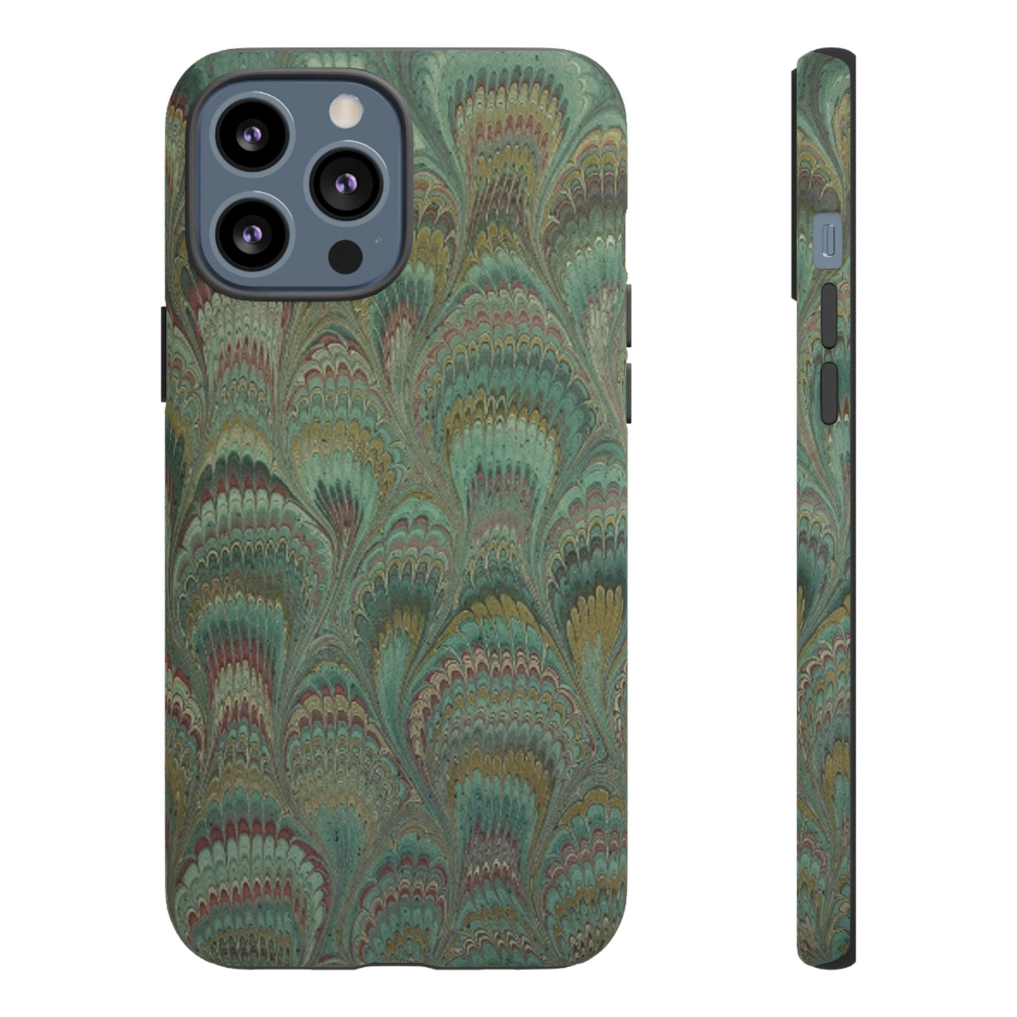 Marbled Peacock Durable Phone Case - Olive Green and Brown - Matte or Glossy