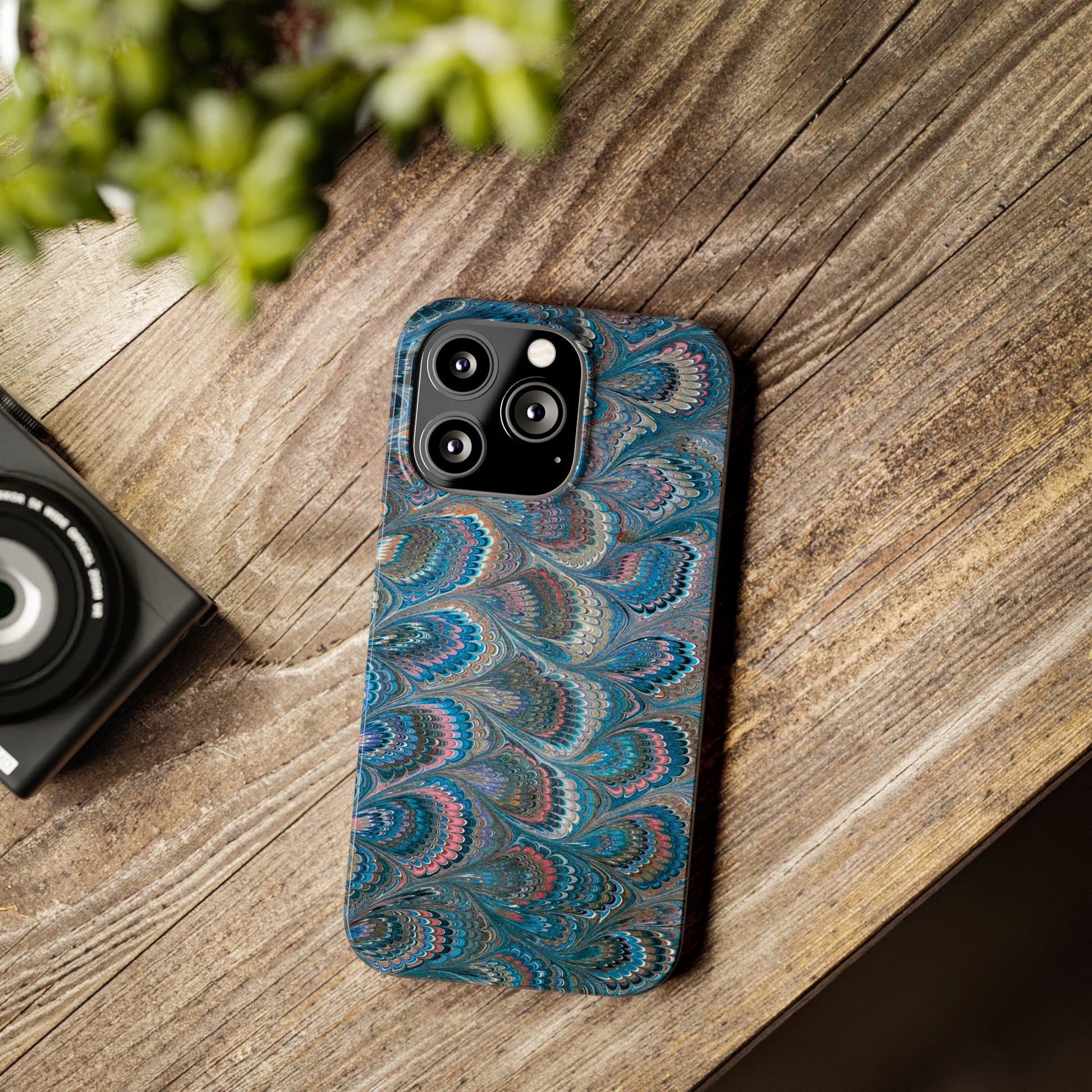 Blue and Pink FEATHER PEACKOCK Marbled VIntage Design, Italian Feather Phone Case, Slim Phone Cases, IPHONE 16 and all sizes