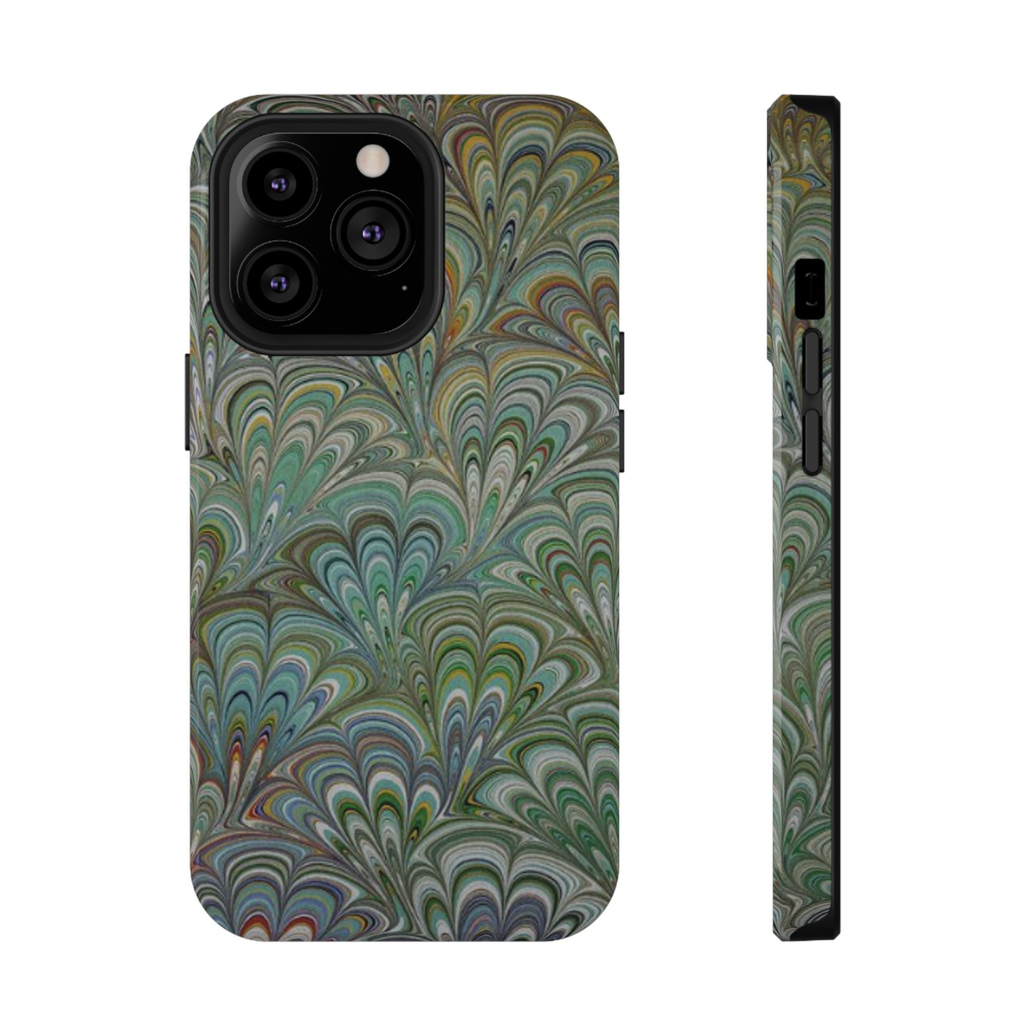 iPhone17 + All Models Phone Cases, Italian Peacock Feather Design, Stylish Impact-Resistant Shell, Protective Cover, Green Peacock Print