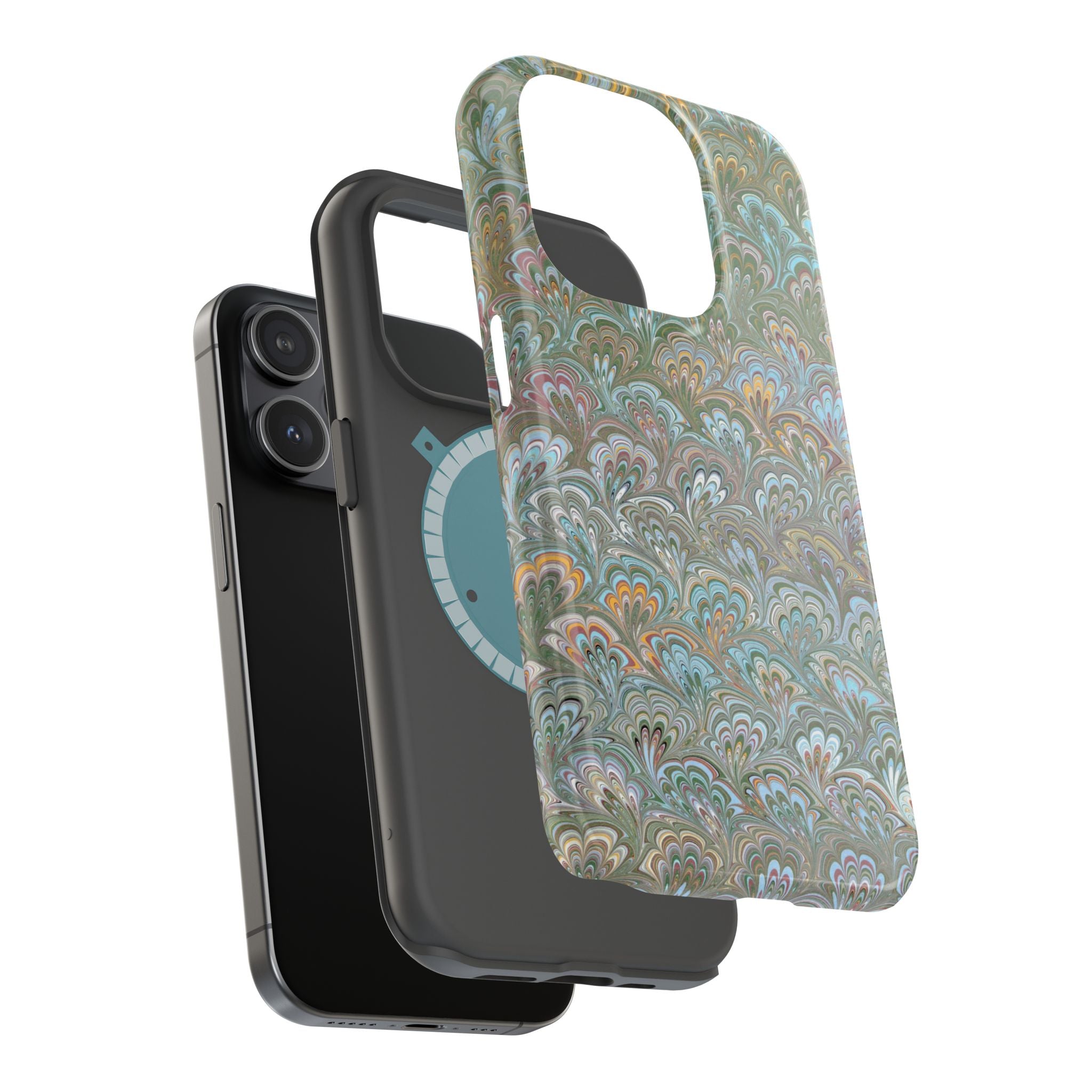 Green, Blue, + White Marbled Peacock - Dual Layer MAG SAFE Phone Case
