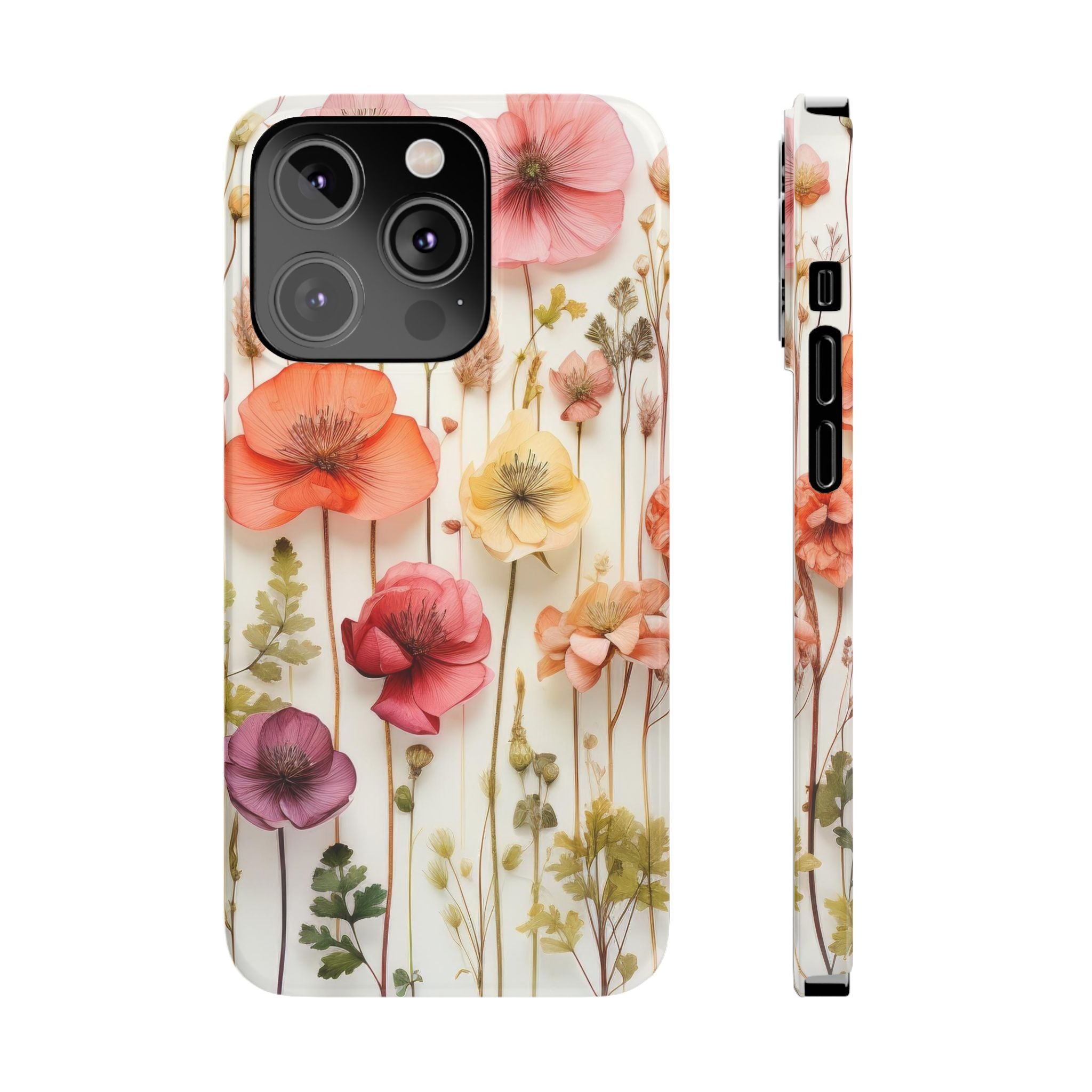 Slim Phone Case - Pink Floral Pressed Flowers iPhone 17 and Other Sizes - Glossy Finish