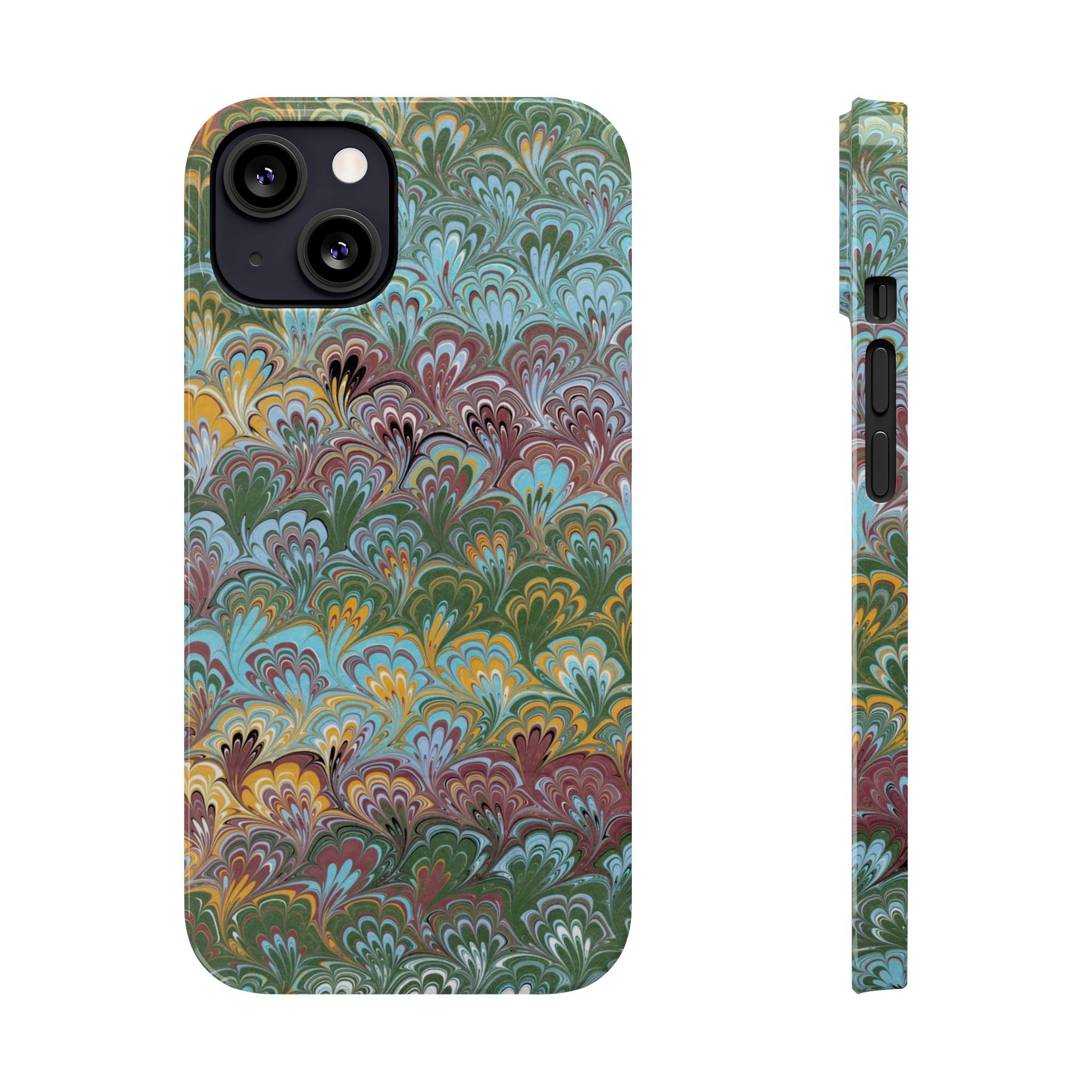 Phone Case with Design from Italy - Marbled "Peacock" Design, Green, Blue, Multi-Color Slim Phone Cases