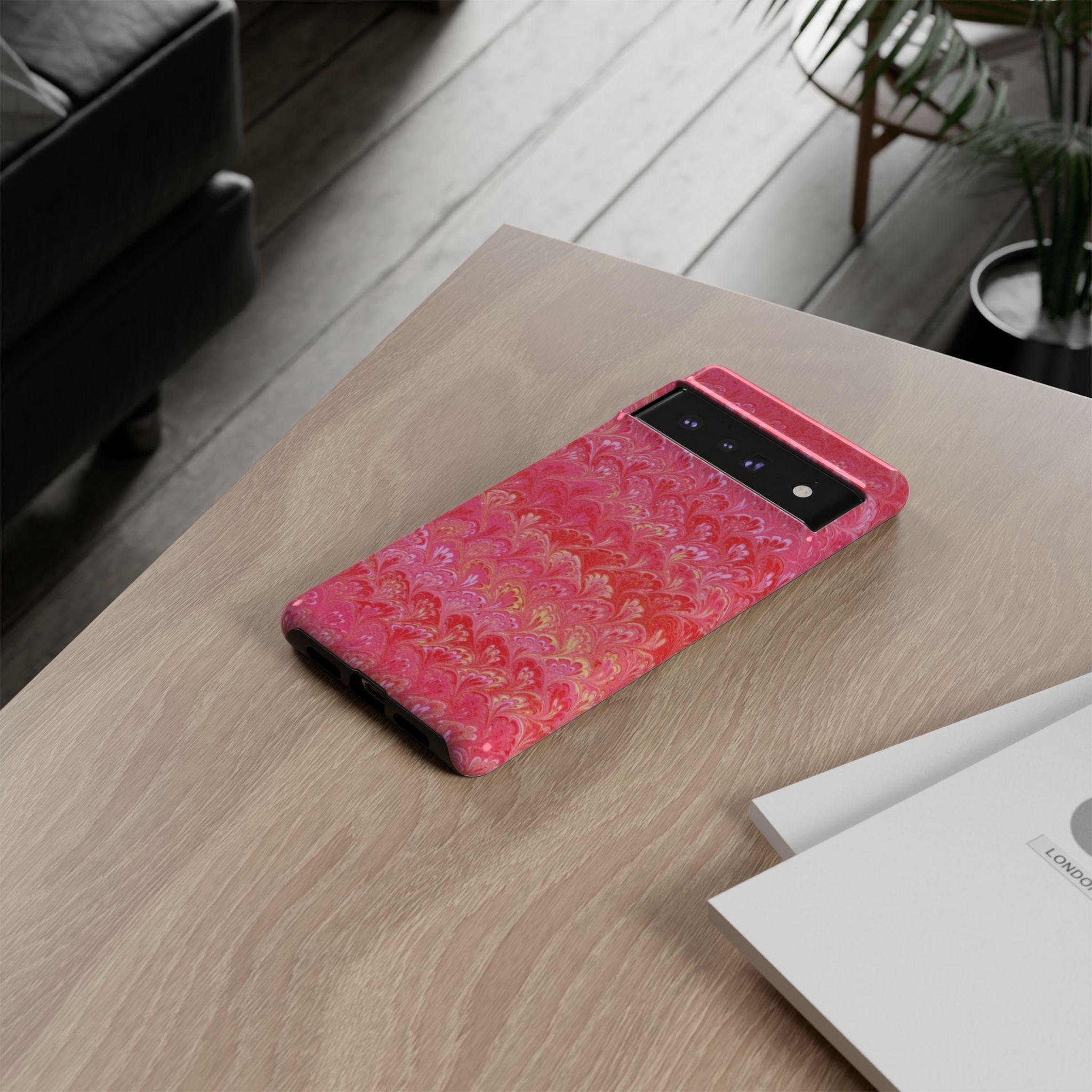 Pink and Gold Marbled Peacock Durable Phone Case - Olive Green and Brown - Matte or Glossy