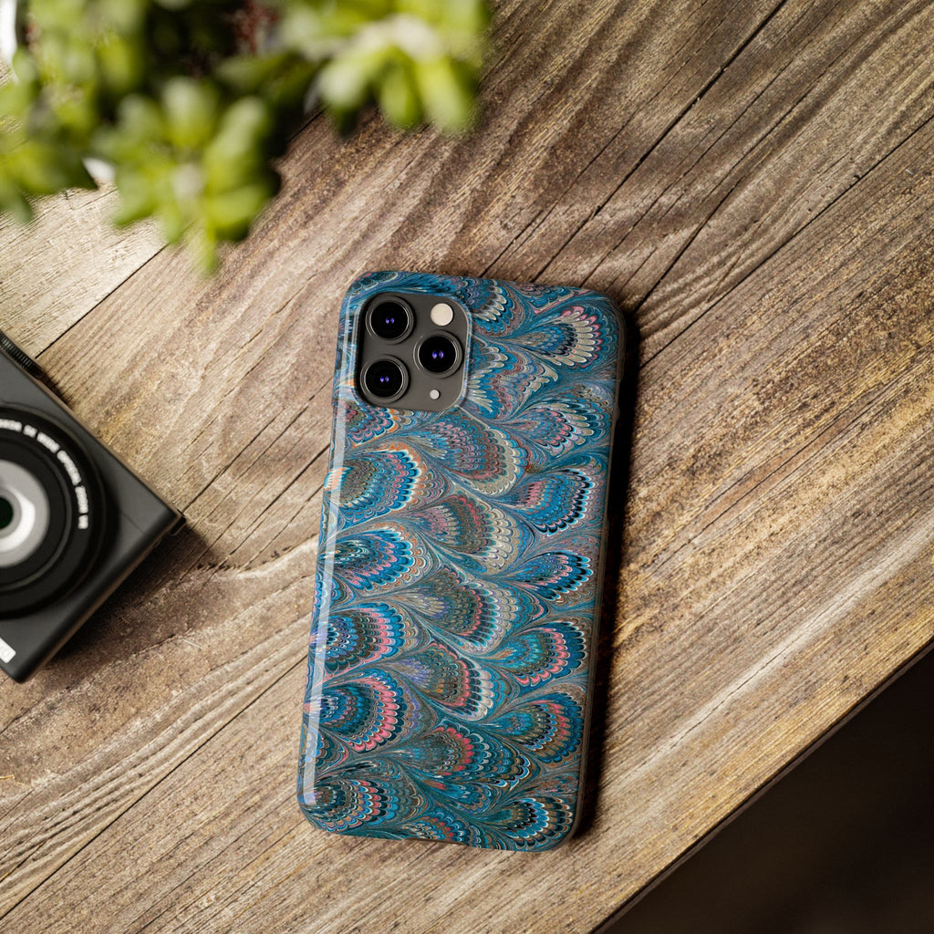 Blue and Pink FEATHER PEACKOCK Marbled VIntage Design, Italian Feather Phone Case, Slim Phone Cases, IPHONE 16 and all sizes