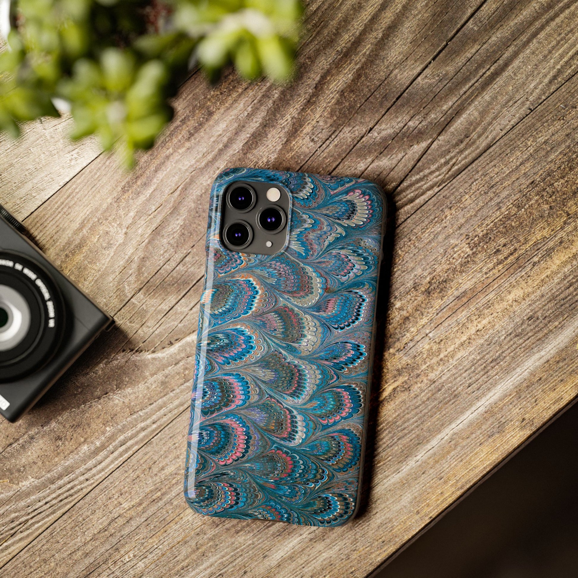 Blue and Pink FEATHER PEACKOCK Marbled VIntage Design, Italian Feather Phone Case, Slim Phone Cases, IPHONE 16 and all sizes