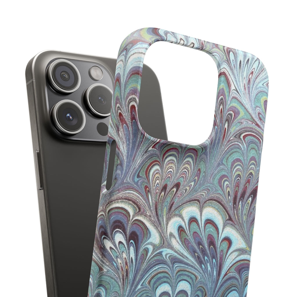 Marbled Feather Blue, White + Burgundy Swirl - Single Layer Slim Phone Case