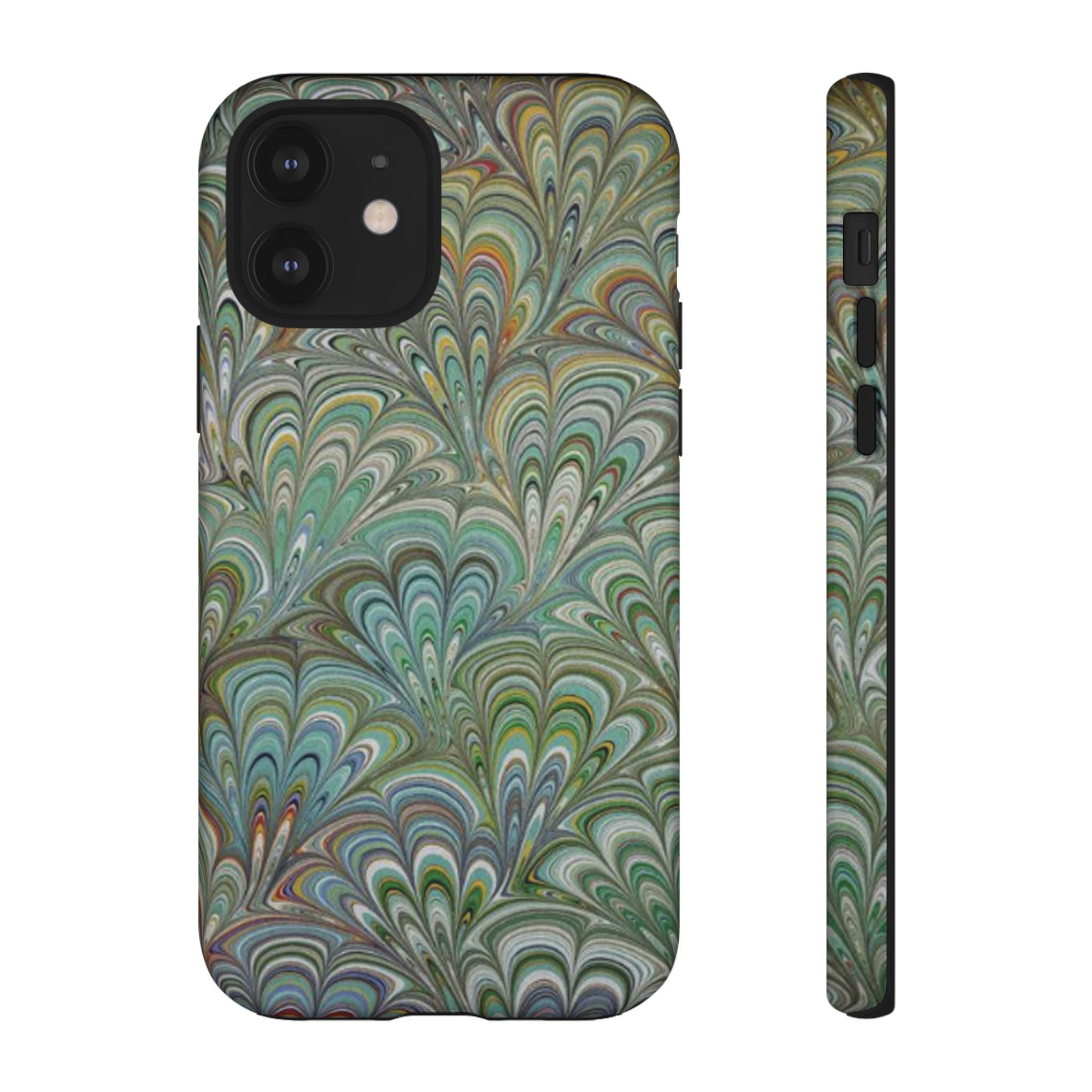 Green Marbled Peacock Durable Phone Case - Olive Green and Brown - Matte or Glossy