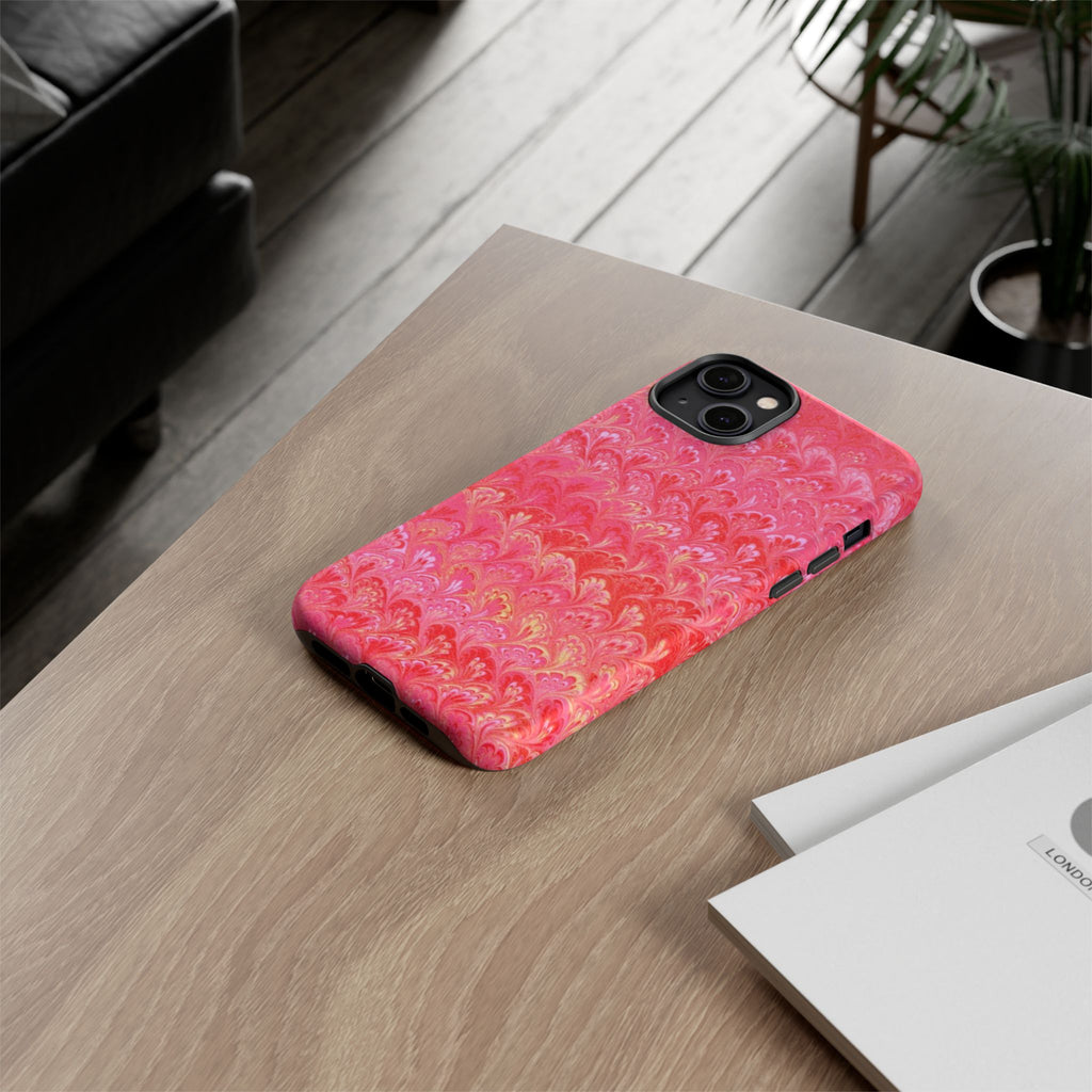Pink and Gold Marbled Peacock Durable Phone Case - Olive Green and Brown - Matte or Glossy