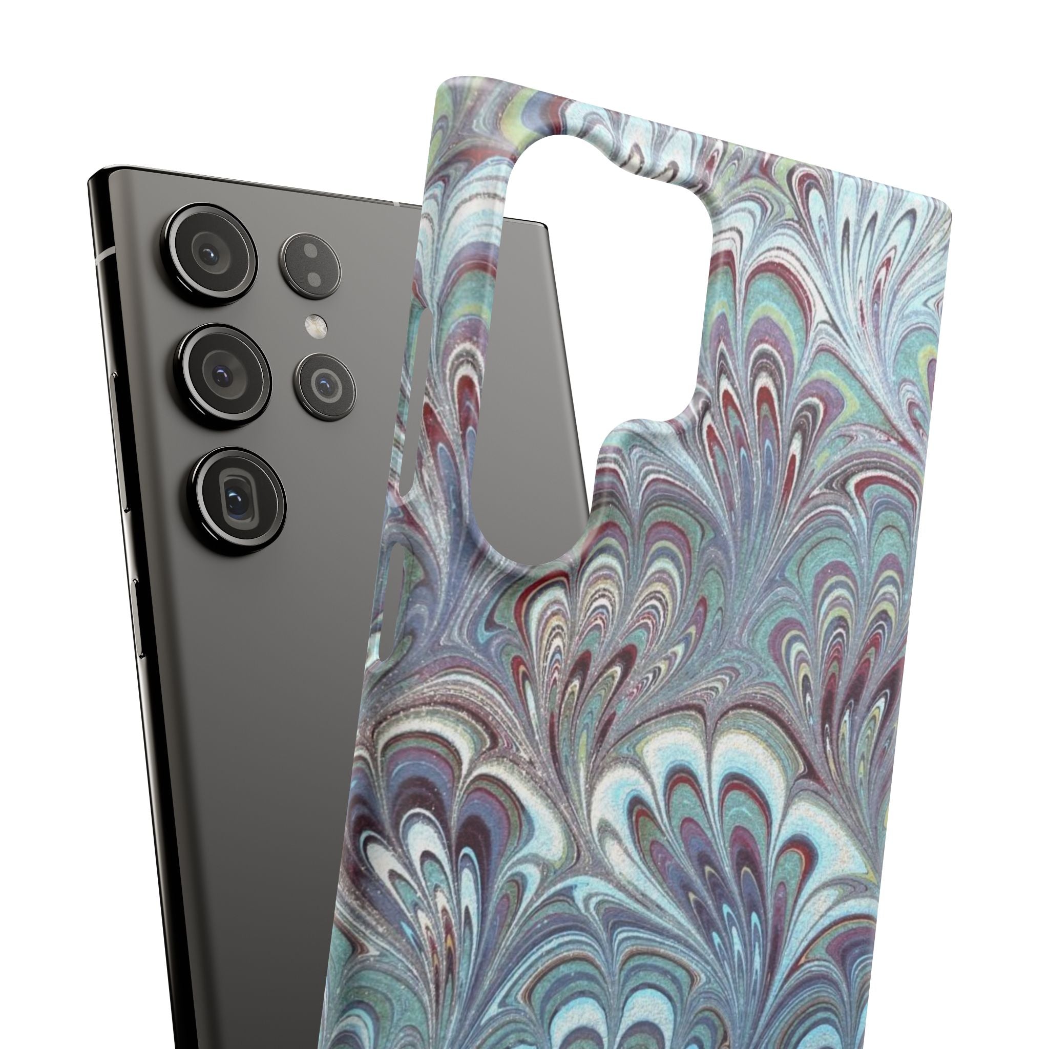 Marbled Feather Blue, White + Burgundy Swirl - Single Layer Slim Phone Case