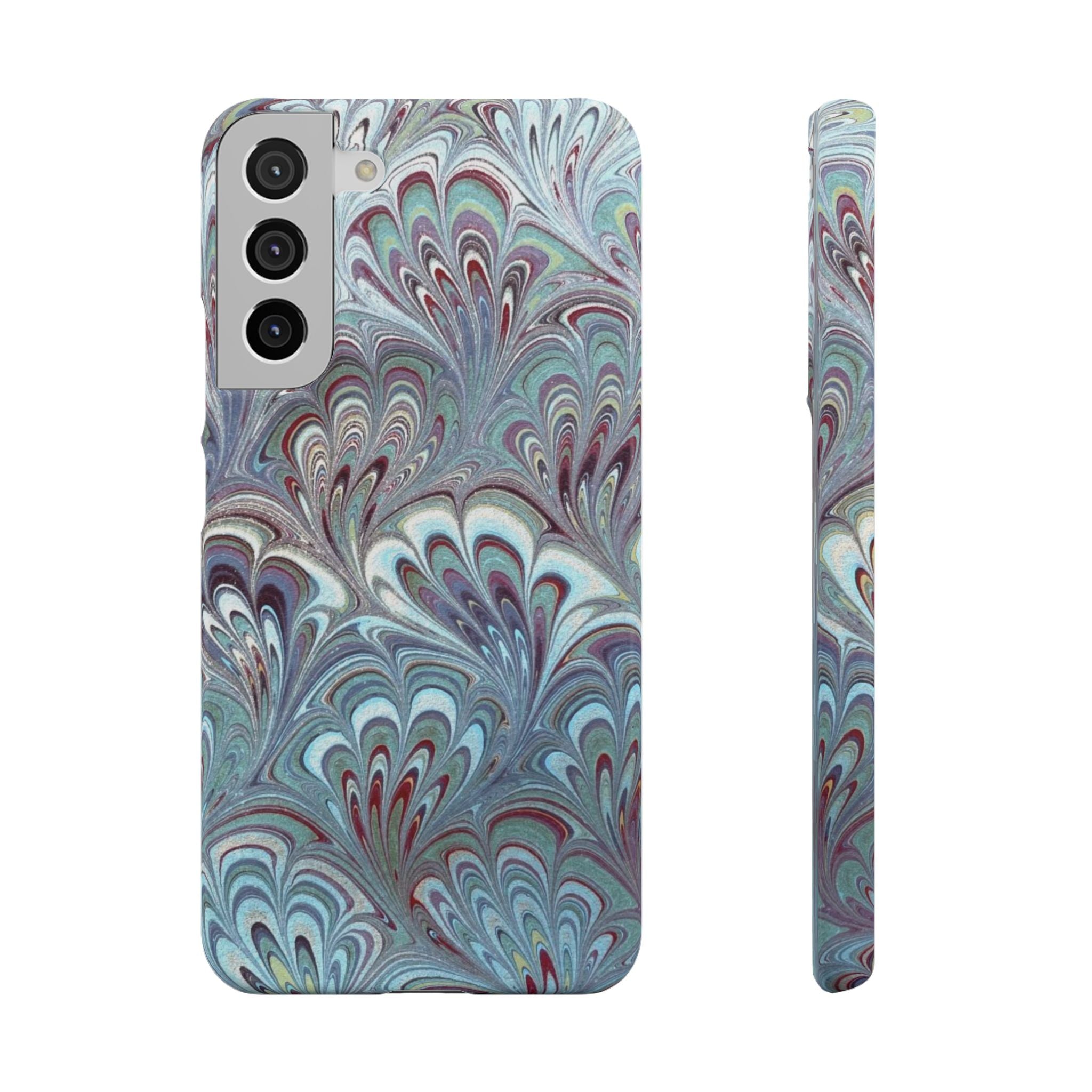 Marbled Feather Blue, White + Burgundy Swirl - Single Layer Slim Phone Case