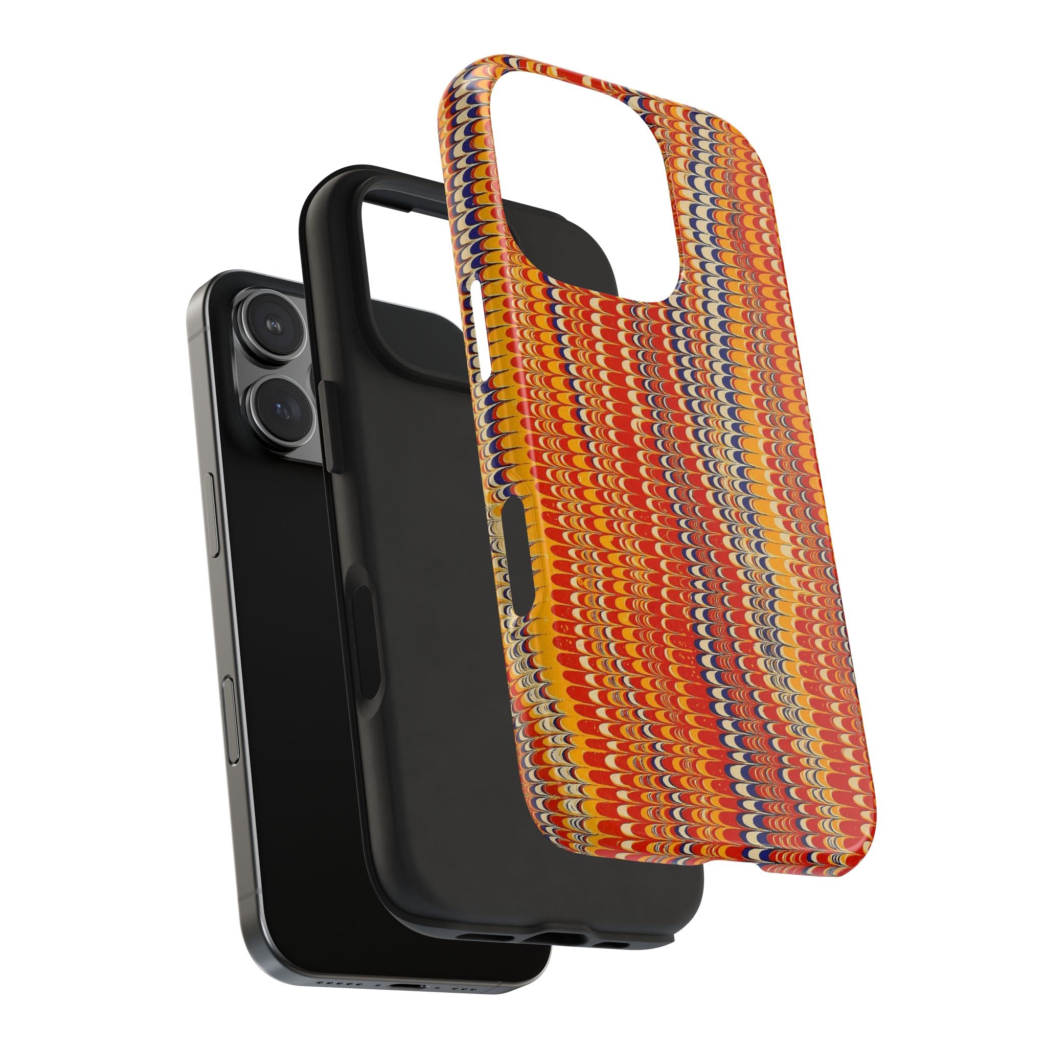 Vintage Fall Colors Marbled Peacock Feather Dual Layer Phone Case - Orange, Gold, Blue