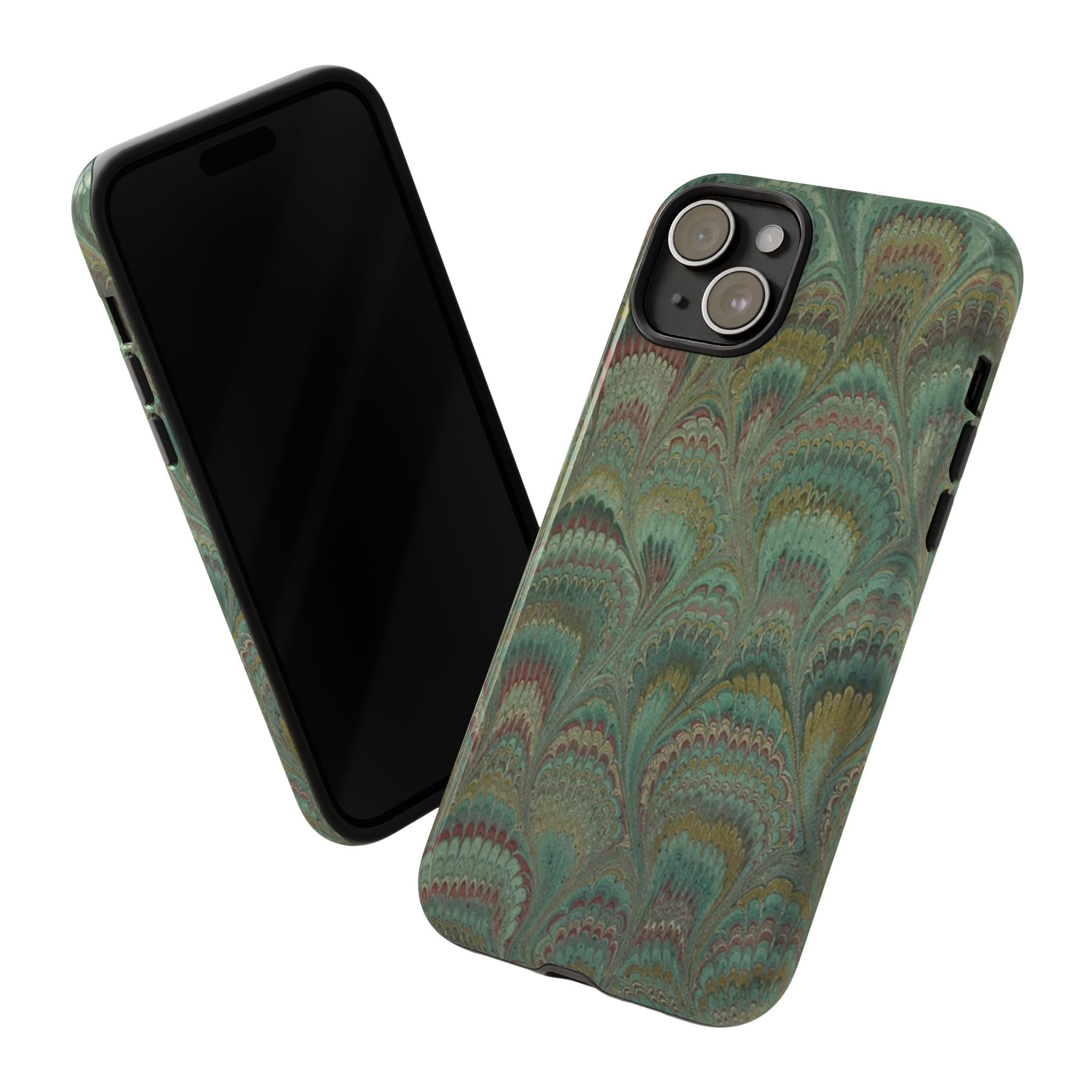 Marbled Peacock Durable Phone Case - Olive Green and Brown - Matte or Glossy