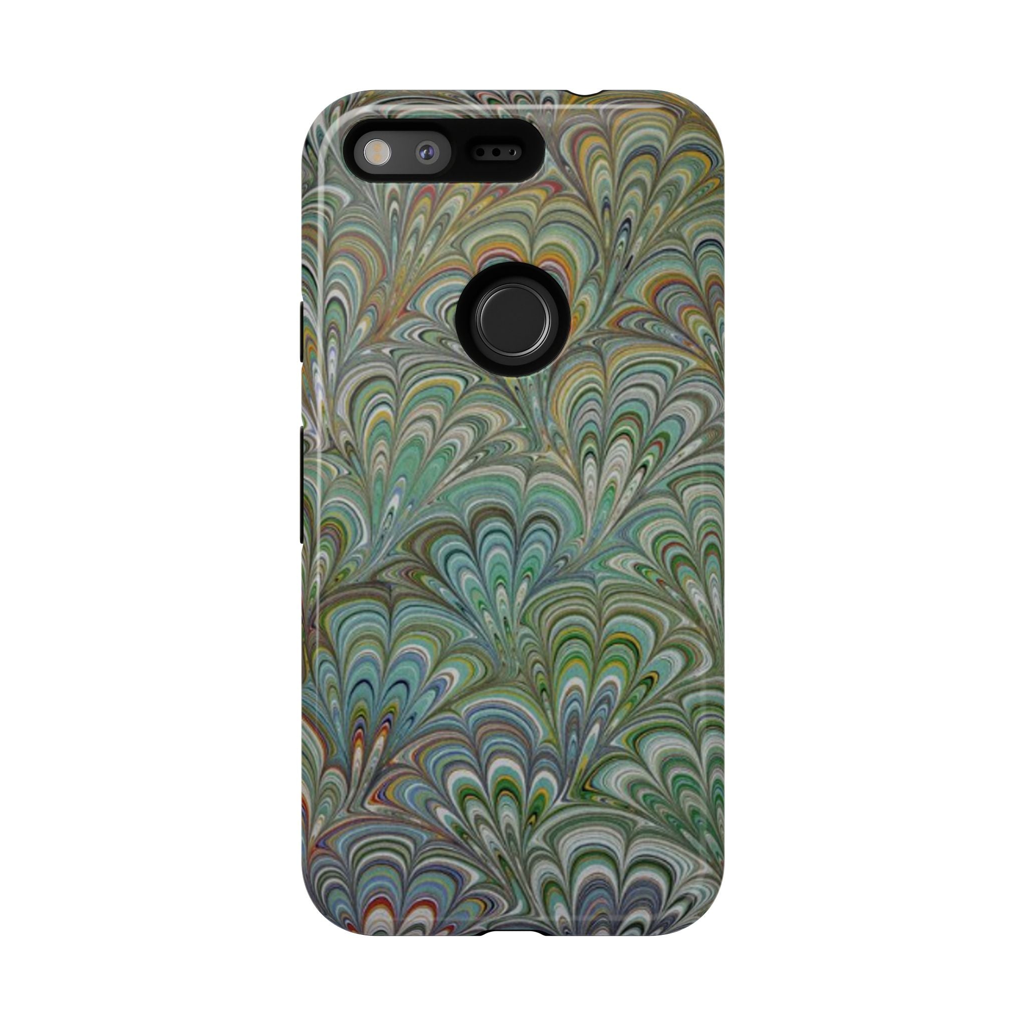 Green Marbled Peacock Durable Phone Case - Olive Green and Brown - Matte or Glossy