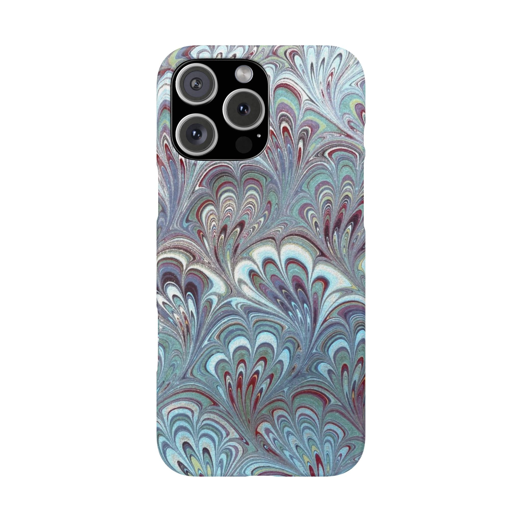 Marbled Feather Blue, White + Burgundy Swirl - Single Layer Slim Phone Case