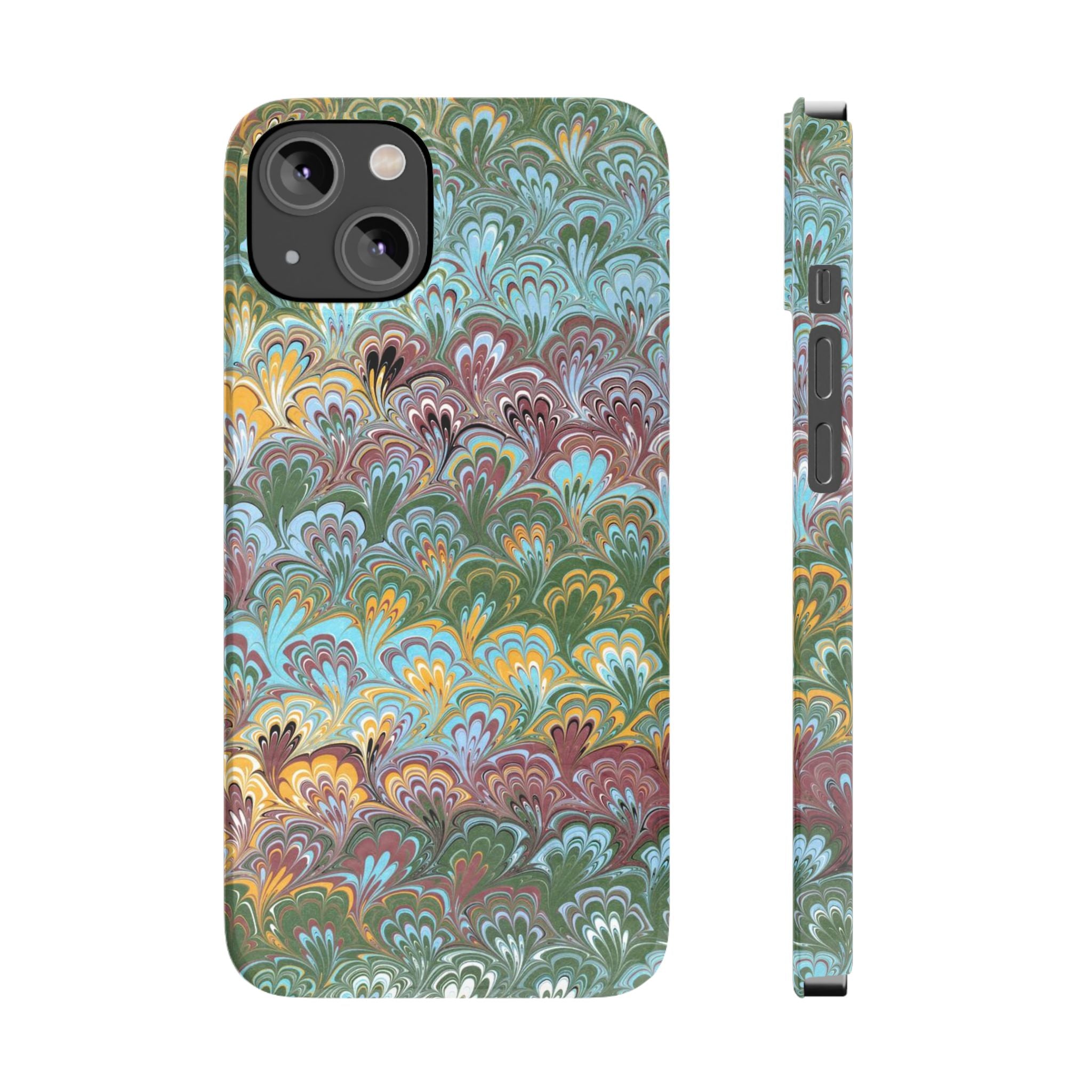 Phone Case with Design from Italy - Marbled "Peacock" Design, Green, Blue, Multi-Color Slim Phone Cases