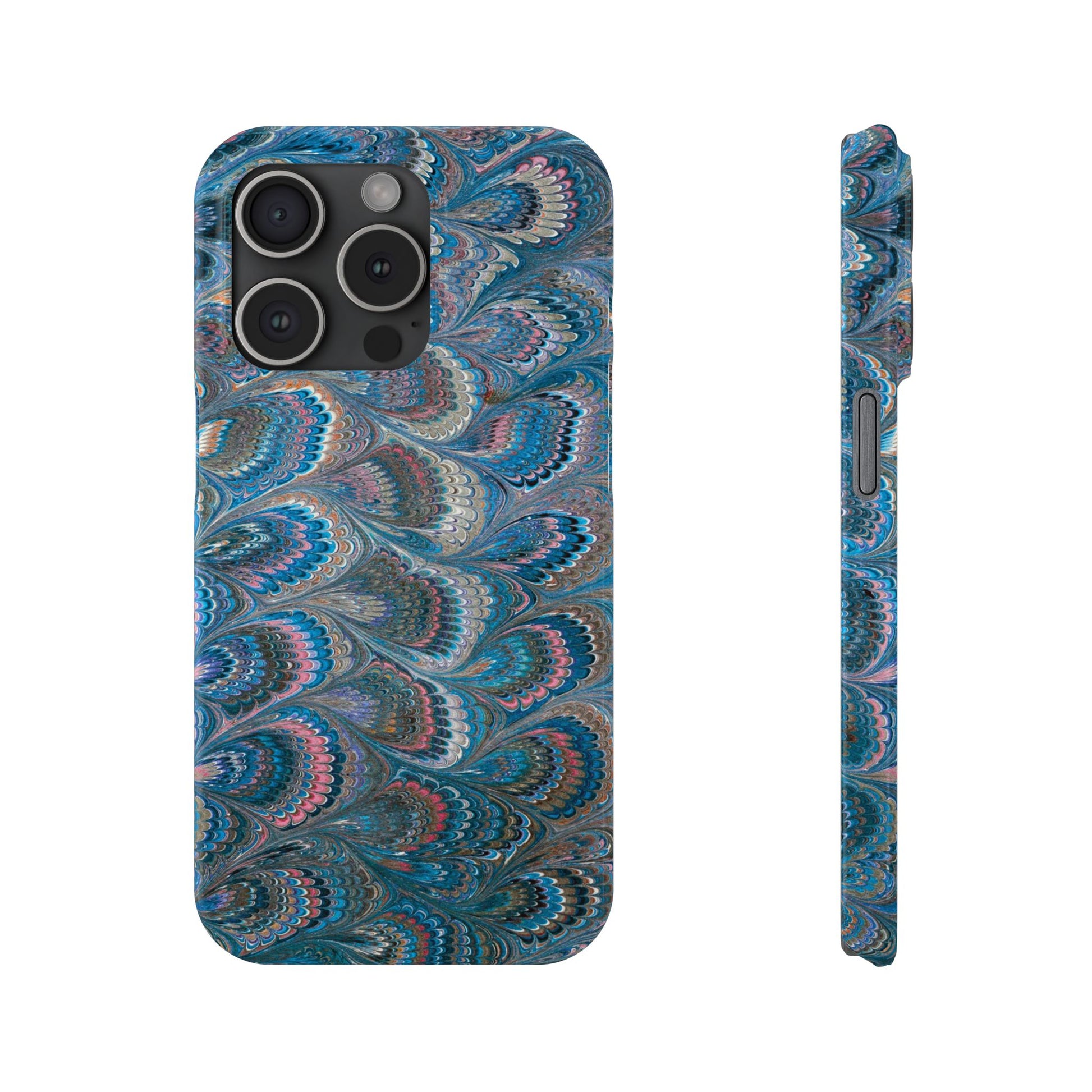Blue and Pink FEATHER PEACKOCK Marbled VIntage Design, Italian Feather Phone Case, Slim Phone Cases, IPHONE 16 and all sizes