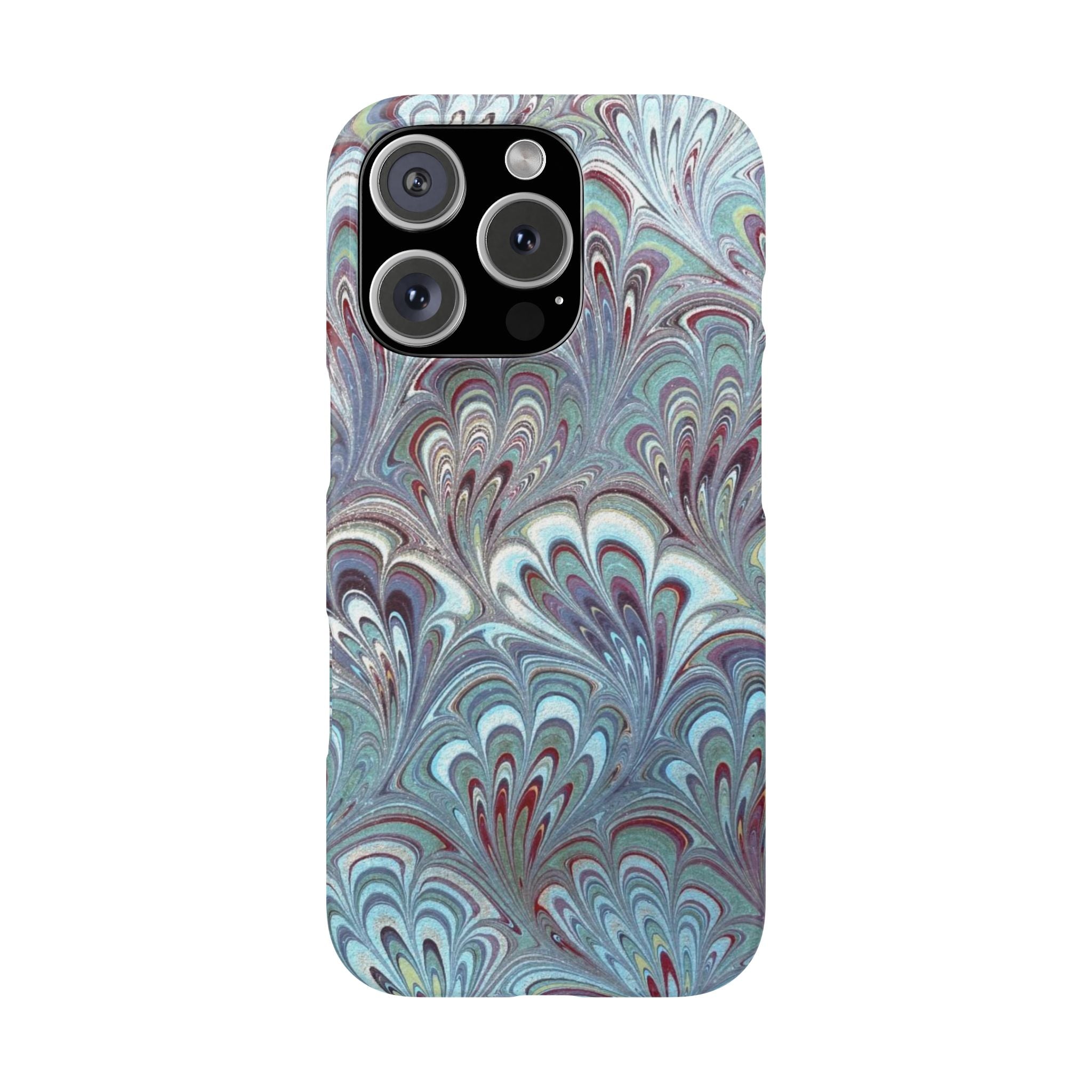 Marbled Feather Blue, White + Burgundy Swirl - Single Layer Slim Phone Case