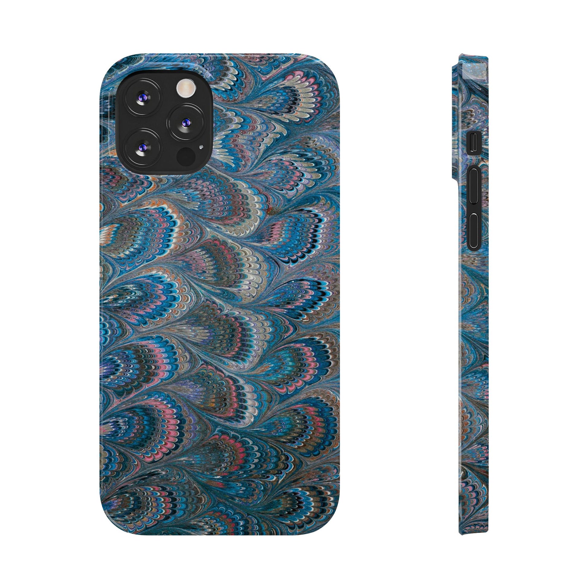Blue and Pink FEATHER PEACKOCK Marbled VIntage Design, Italian Feather Phone Case, Slim Phone Cases, IPHONE 16 and all sizes