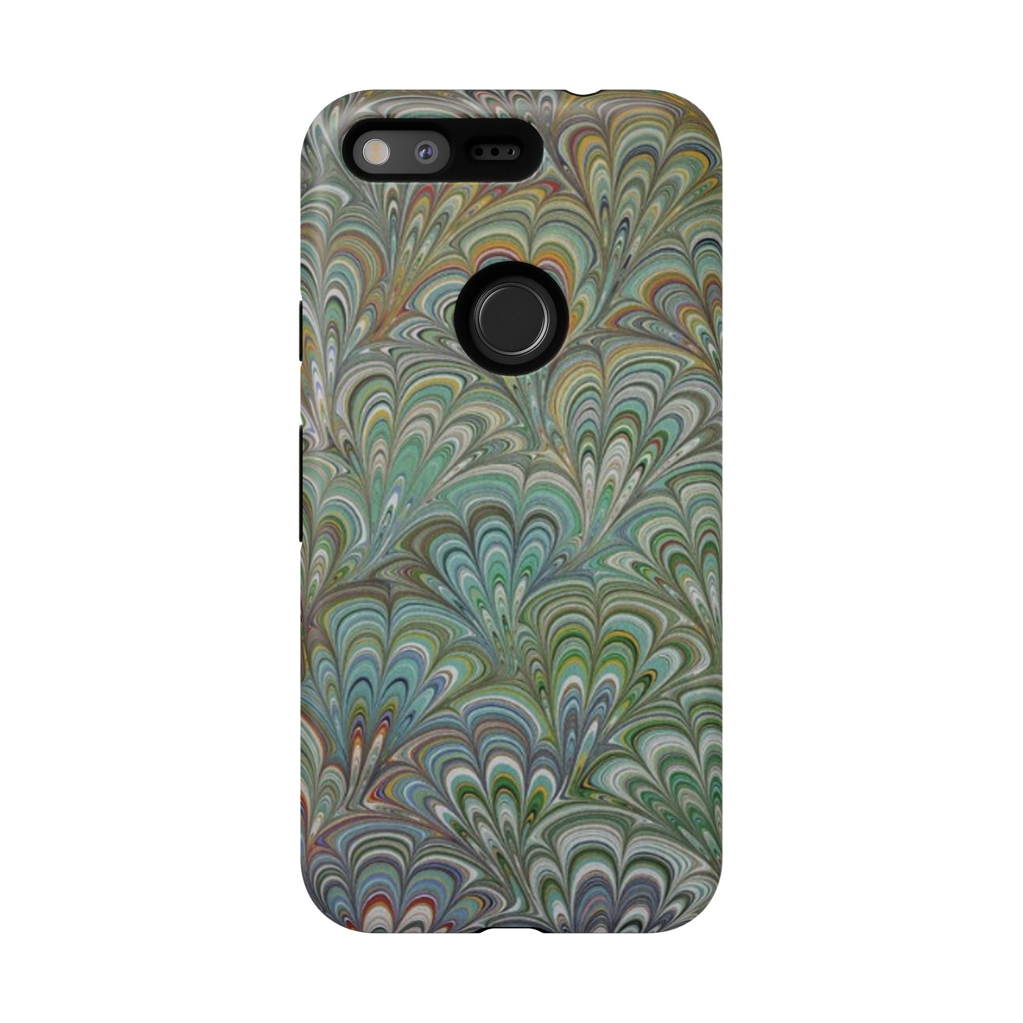 Green Marbled Peacock Durable Phone Case - Olive Green and Brown - Matte or Glossy