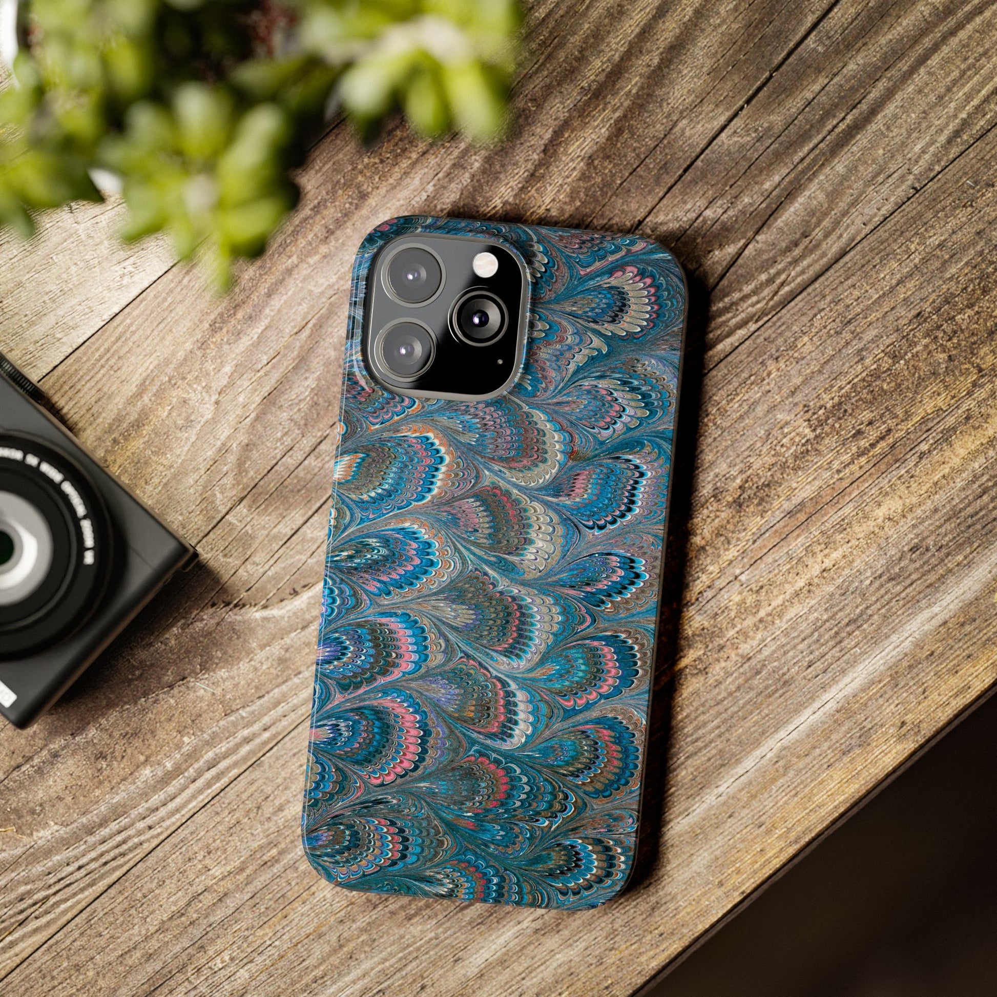 Blue and Pink FEATHER PEACKOCK Marbled VIntage Design, Italian Feather Phone Case, Slim Phone Cases, IPHONE 16 and all sizes