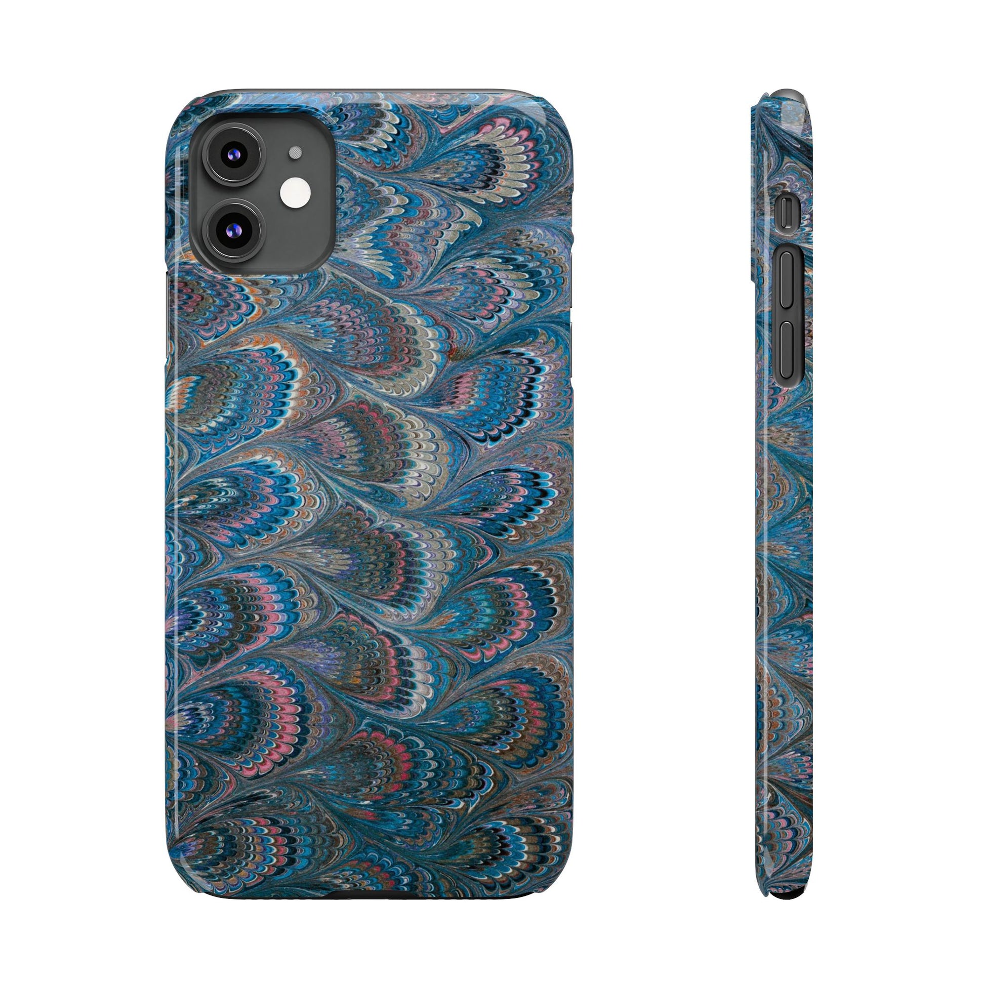 Blue and Pink FEATHER PEACKOCK Marbled VIntage Design, Italian Feather Phone Case, Slim Phone Cases, IPHONE 16 and all sizes