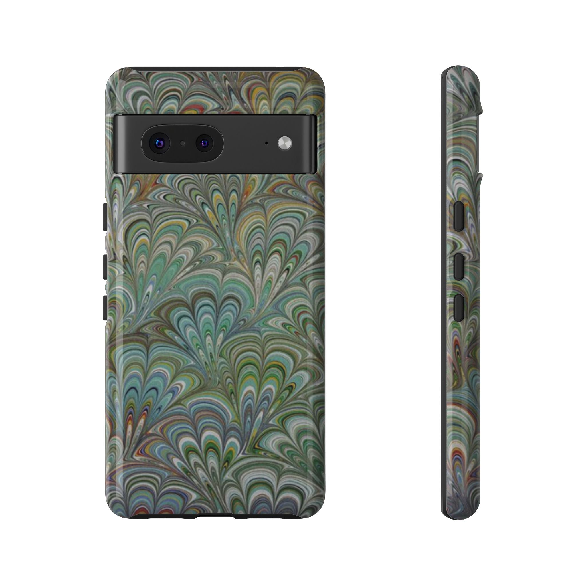 Green Marbled Peacock Durable Phone Case - Olive Green and Brown - Matte or Glossy