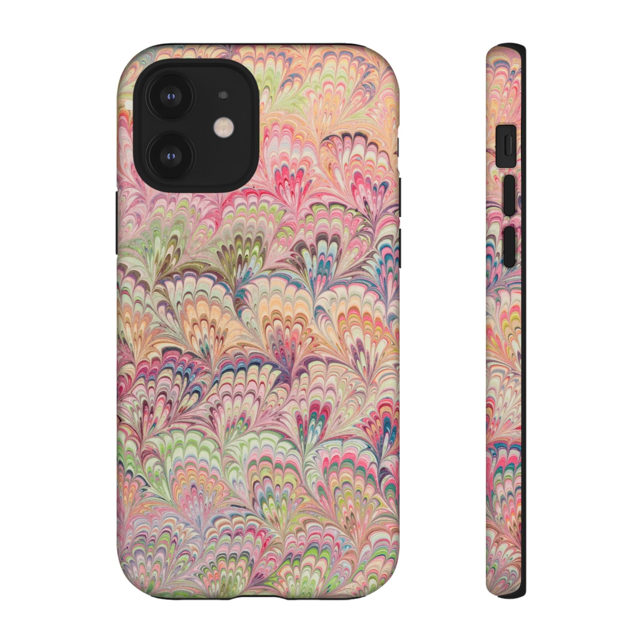 Pastel Pink + Green Feather Marbled Phone Case - Dual Layer Phone Cover