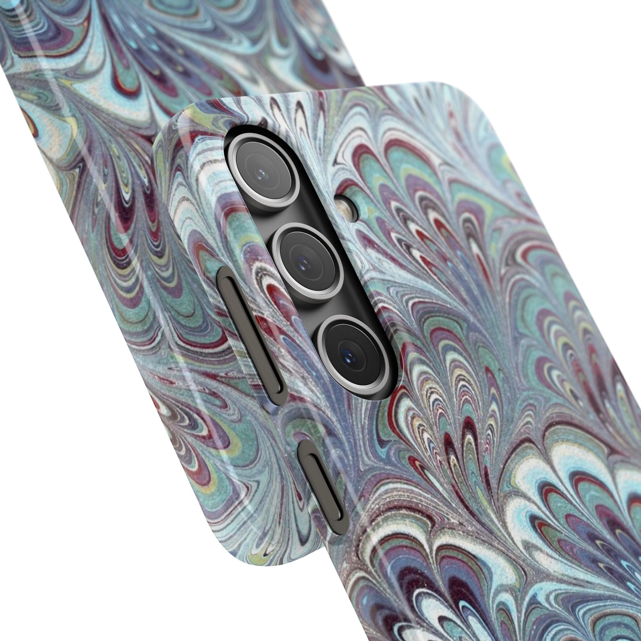 Marbled Feather Blue, White + Burgundy Swirl - Single Layer Slim Phone Case