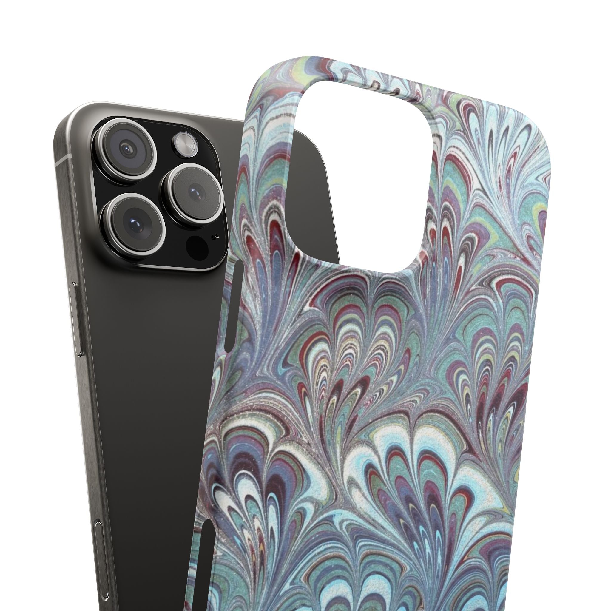 Marbled Feather Blue, White + Burgundy Swirl - Single Layer Slim Phone Case