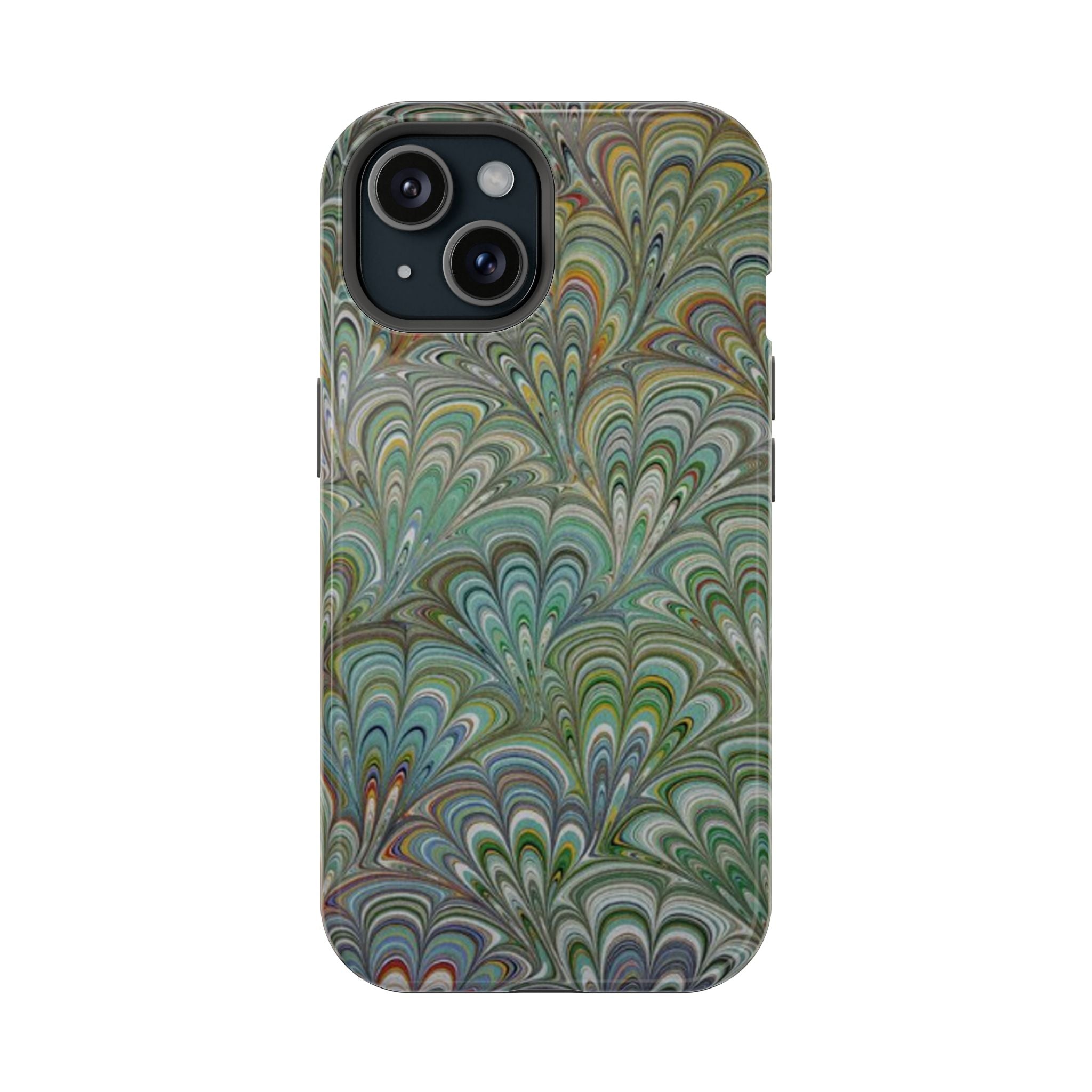 iPhone17 + All Models Phone Cases, Italian Peacock Feather Design, Stylish Impact-Resistant Shell, Protective Cover, Green Peacock Print
