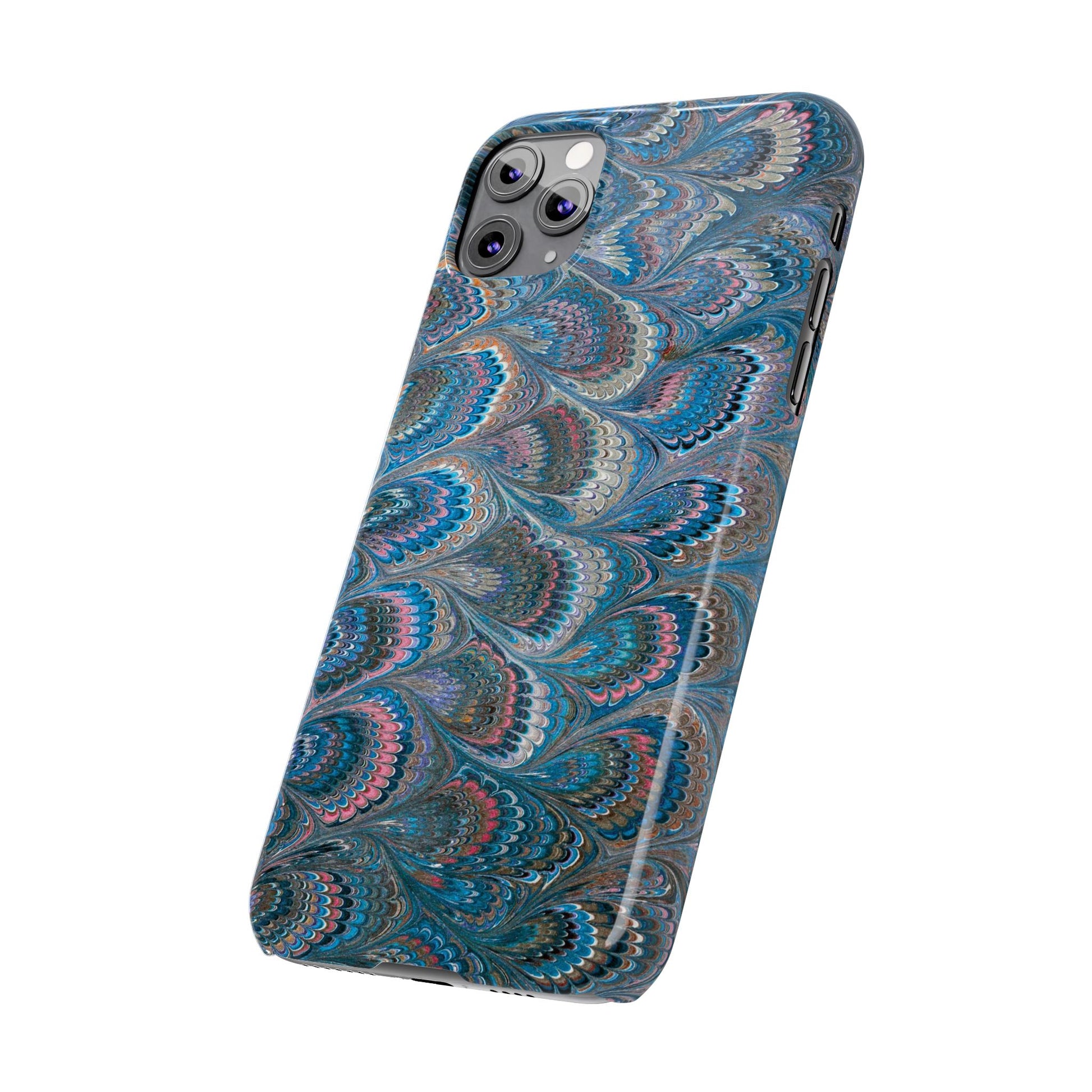 Blue and Pink FEATHER PEACKOCK Marbled VIntage Design, Italian Feather Phone Case, Slim Phone Cases, IPHONE 16 and all sizes