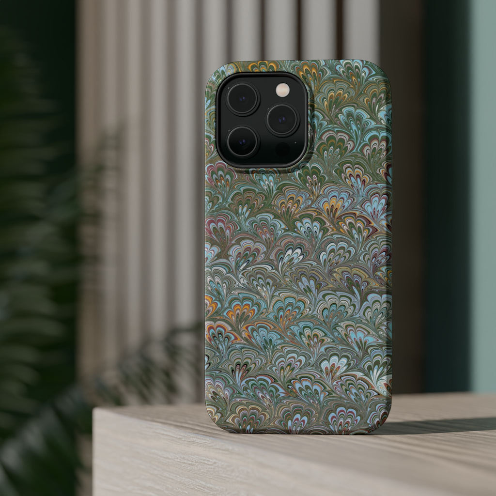 Green, Blue, + White Marbled Peacock - Dual Layer MAG SAFE Phone Case