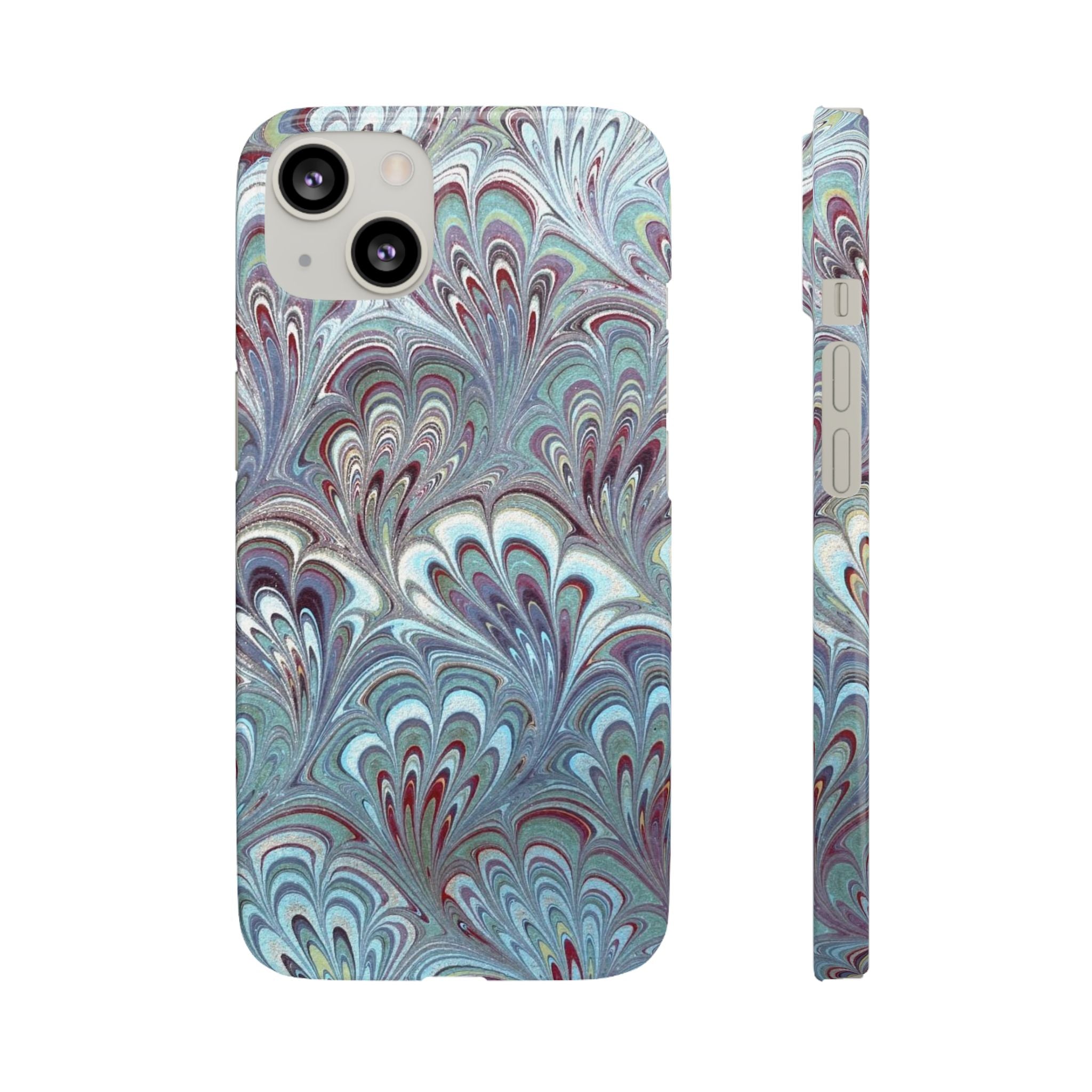 Marbled Feather Blue, White + Burgundy Swirl - Single Layer Slim Phone Case