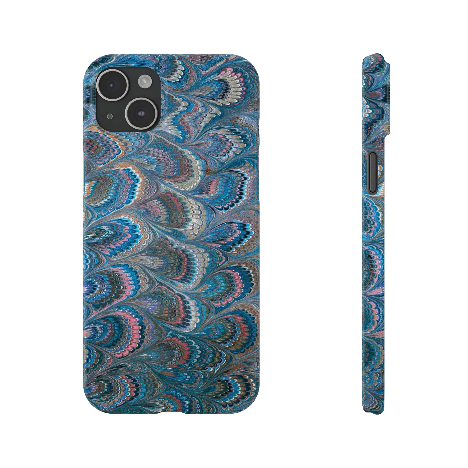 Blue and Pink FEATHER PEACKOCK Marbled VIntage Design, Italian Feather Phone Case, Slim Phone Cases, IPHONE 16 and all sizes