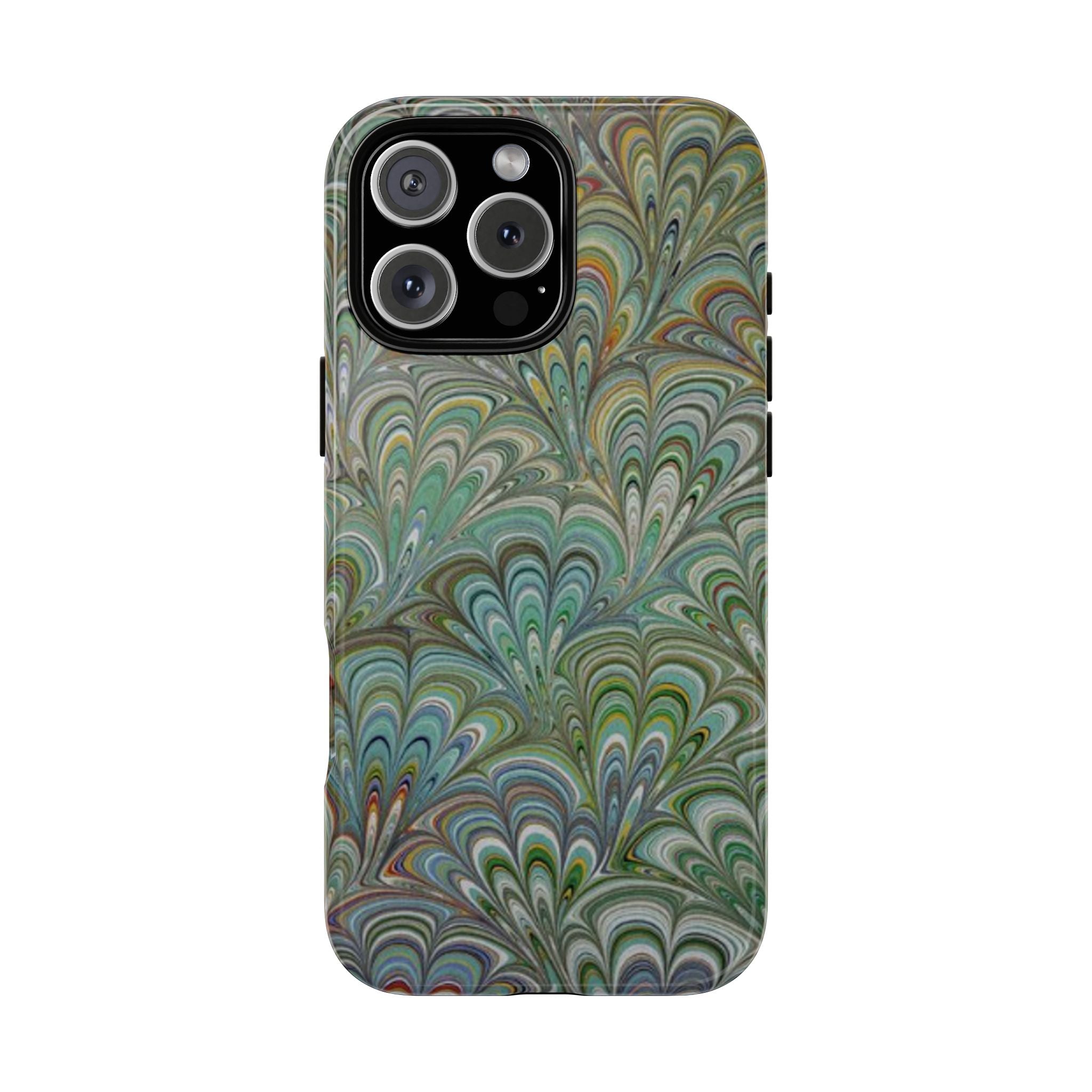 Green Marbled Peacock Durable Phone Case - Olive Green and Brown - Matte or Glossy