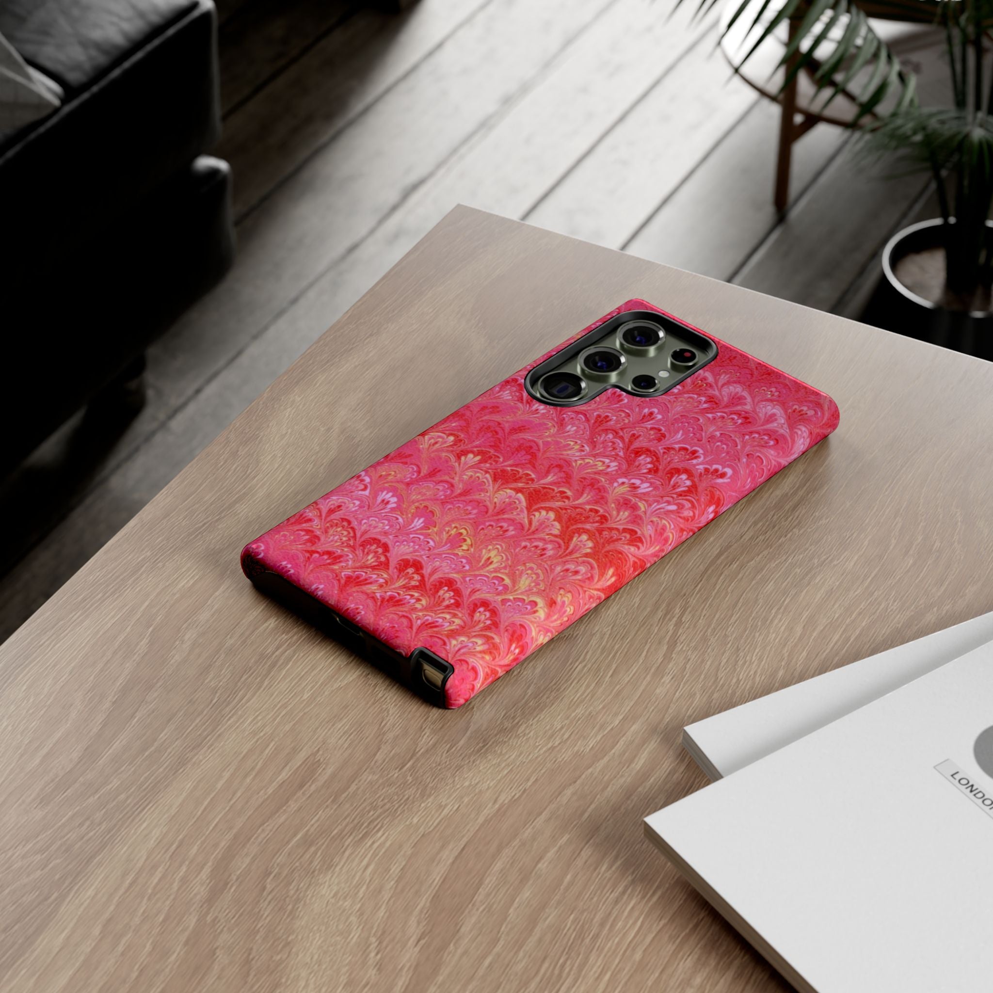 Pink and Gold Marbled Peacock Durable Phone Case - Olive Green and Brown - Matte or Glossy