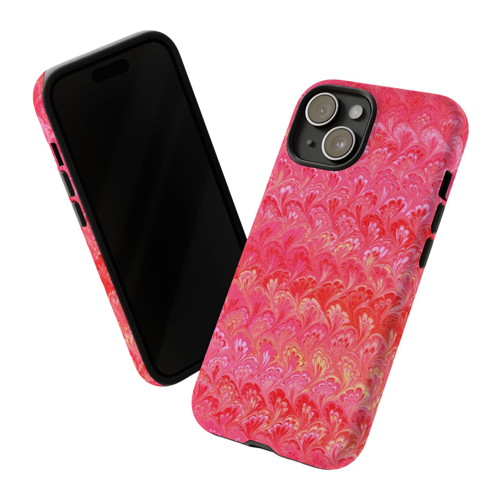 Pink and Gold Marbled Peacock Durable Phone Case - Olive Green and Brown - Matte or Glossy