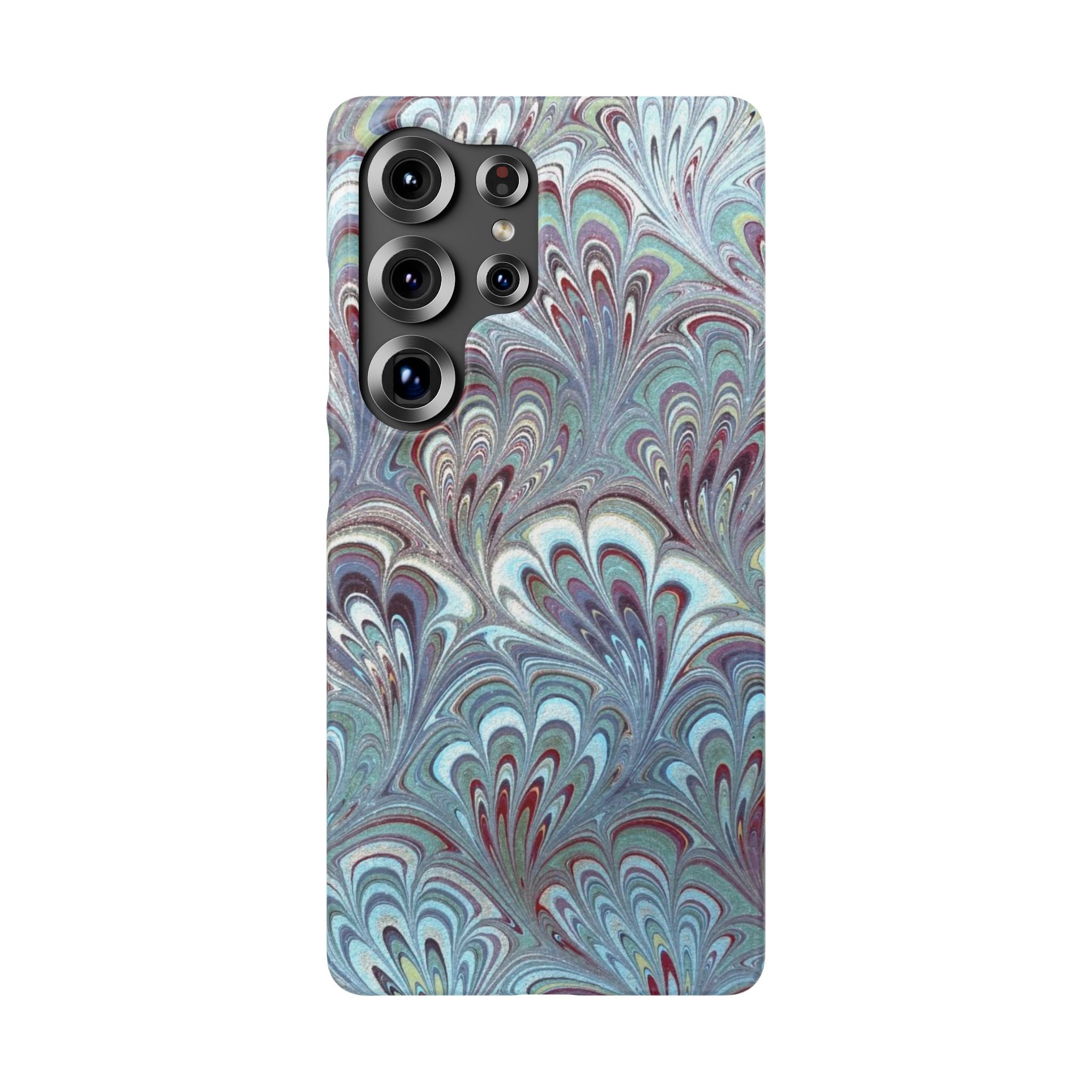 Marbled Feather Blue, White + Burgundy Swirl - Single Layer Slim Phone Case
