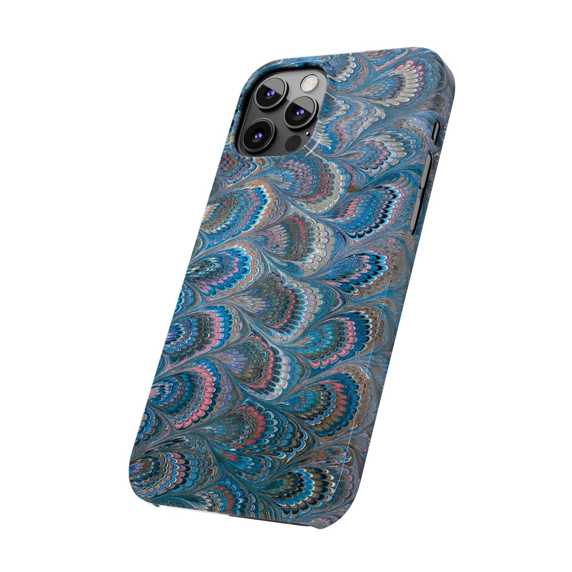 Blue and Pink FEATHER PEACKOCK Marbled VIntage Design, Italian Feather Phone Case, Slim Phone Cases, IPHONE 16 and all sizes