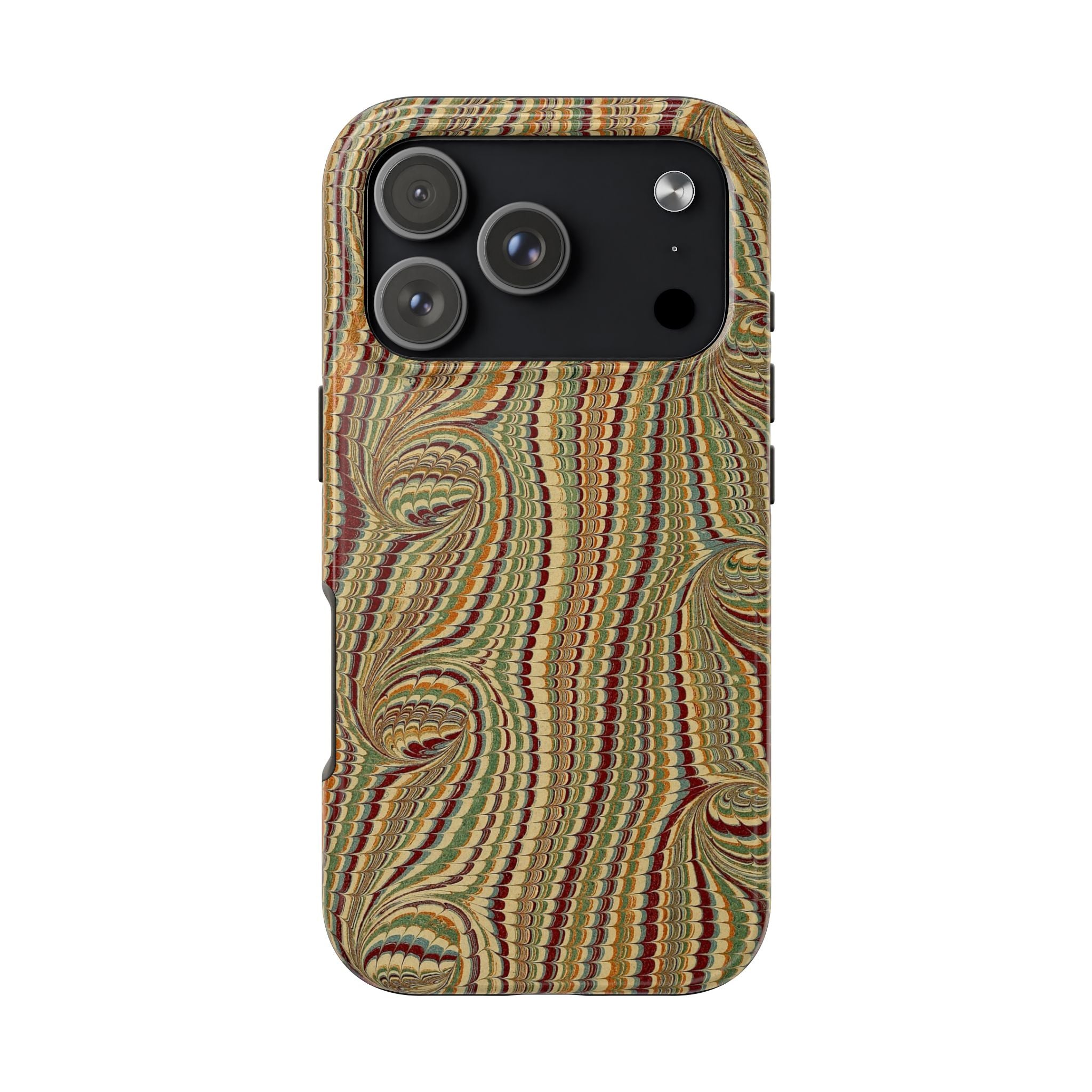Vintage Fall Colors Marbled Peacock Feather Dual Layer Phone Case - Burgundy, Green, Beige, Gold Swirl